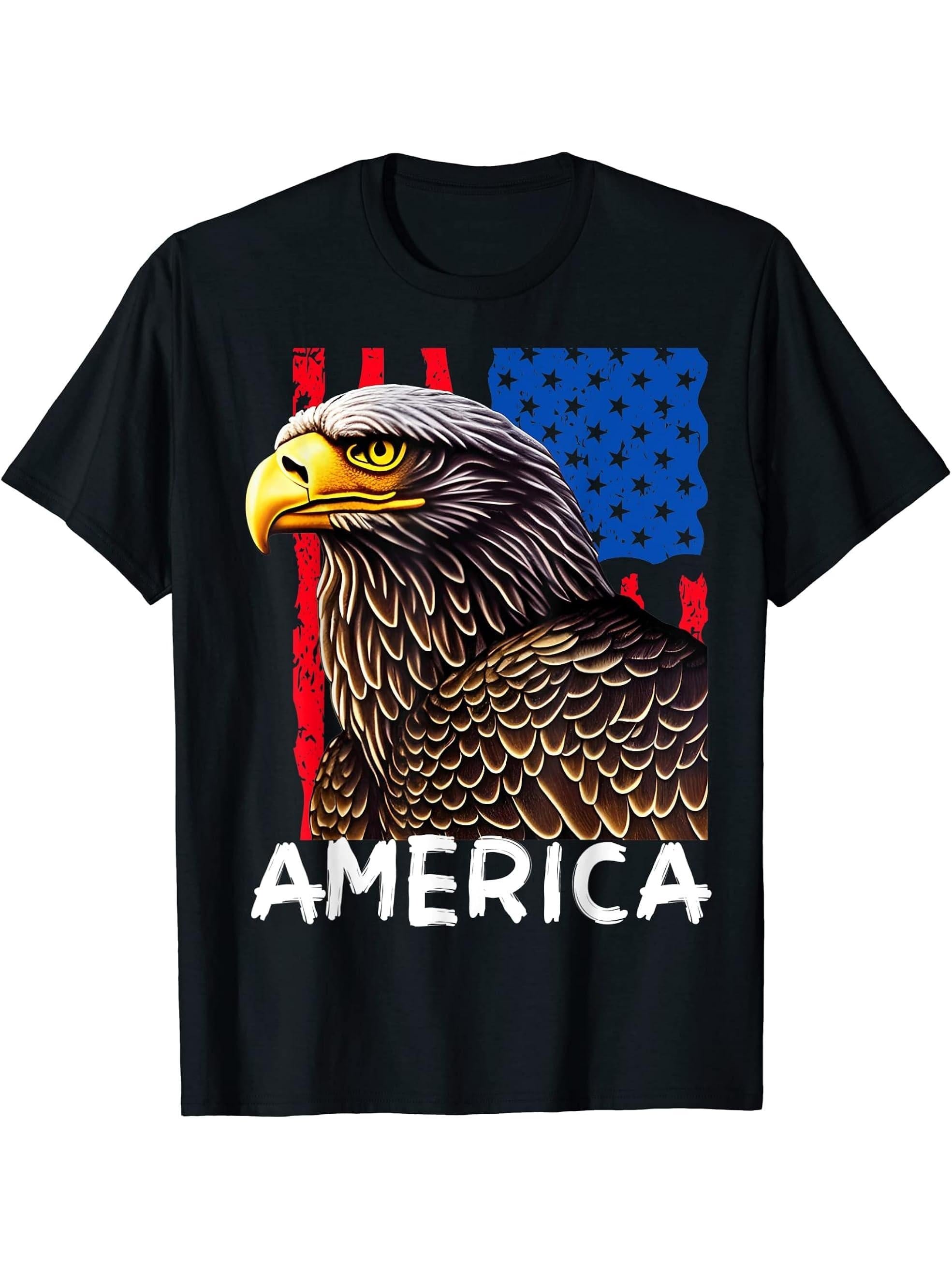 American Bald Eagle USA Flag Patriotic Merica Veterans Day T-Shirt 180G 100% Cotton Printed Round Neck Short-Sleeve T-Shirt, Gifts for Men Dad Husband Grandpa, S-XXXL, Black