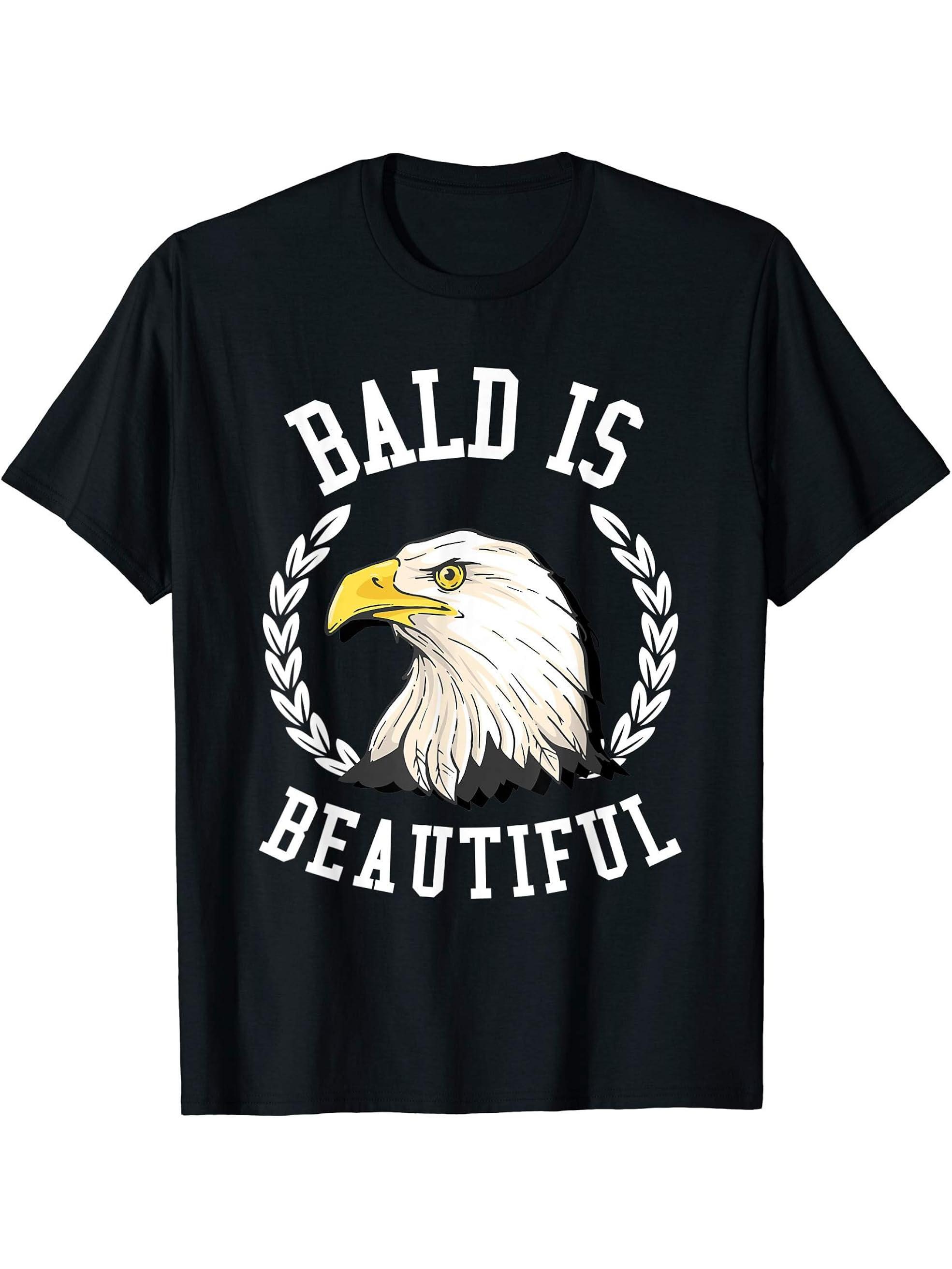Bald is beautiful Shirt - Bald Eagle Patriotic American T-Shirt 180G 100% Cotton Printed Round Neck Short-Sleeve T-Shirt, Gifts for Men Dad Husband Grandpa, S-XXXL, Black
