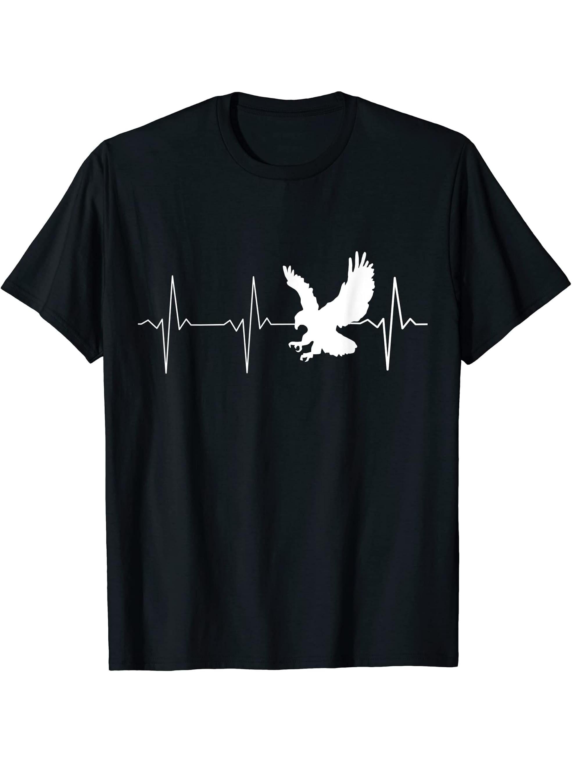 Bald Eagle Lovers Shirt: Bald Eagle Heartbeat T-shirt T-Shirt 180G 100% Cotton Printed Round Neck Short-Sleeve T-Shirt, Gifts for Men Dad Husband Grandpa, S-XXXL, Black