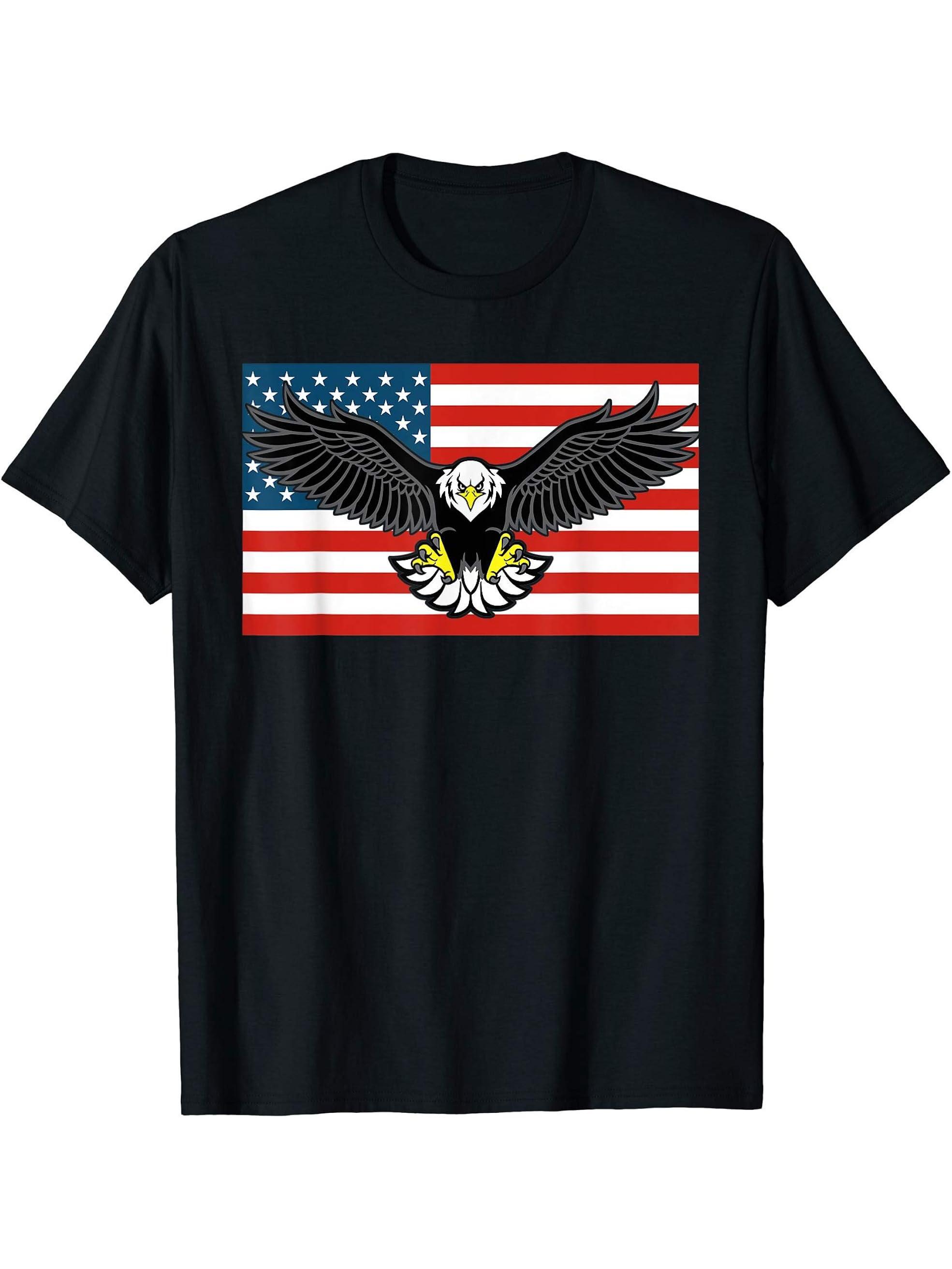Bald Eagle Free Land USA American Flag T-Shirt 180G 100% Cotton Printed Round Neck Short-Sleeve T-Shirt, Gifts for Men Dad Husband Grandpa, S-XXXL, Black