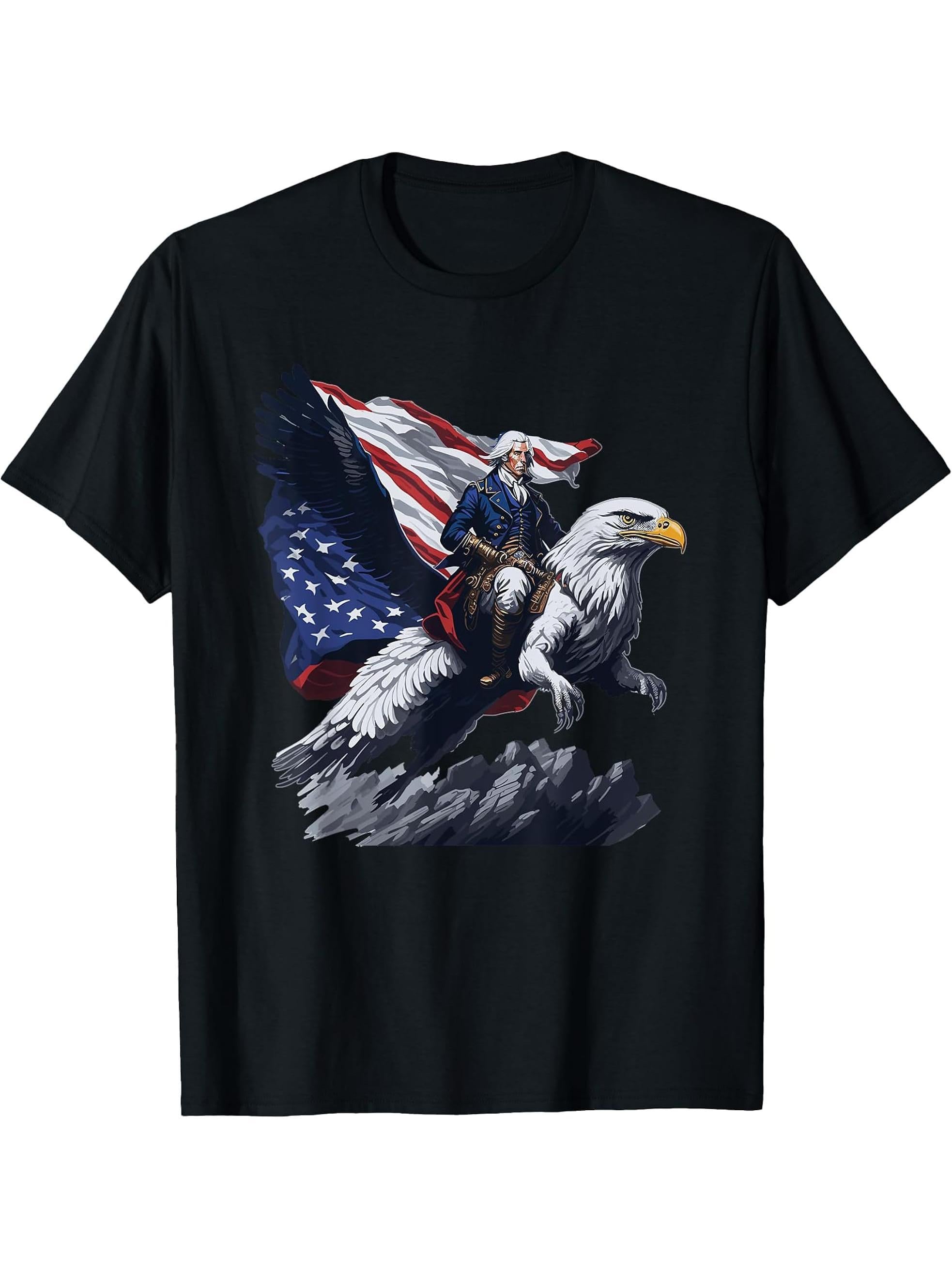George Washington Riding A Bald Eagle Patriotic T-Shirt 180G 100% Cotton Printed Round Neck Short-Sleeve T-Shirt, Gifts for Men Dad Husband Grandpa, S-XXXL, Black