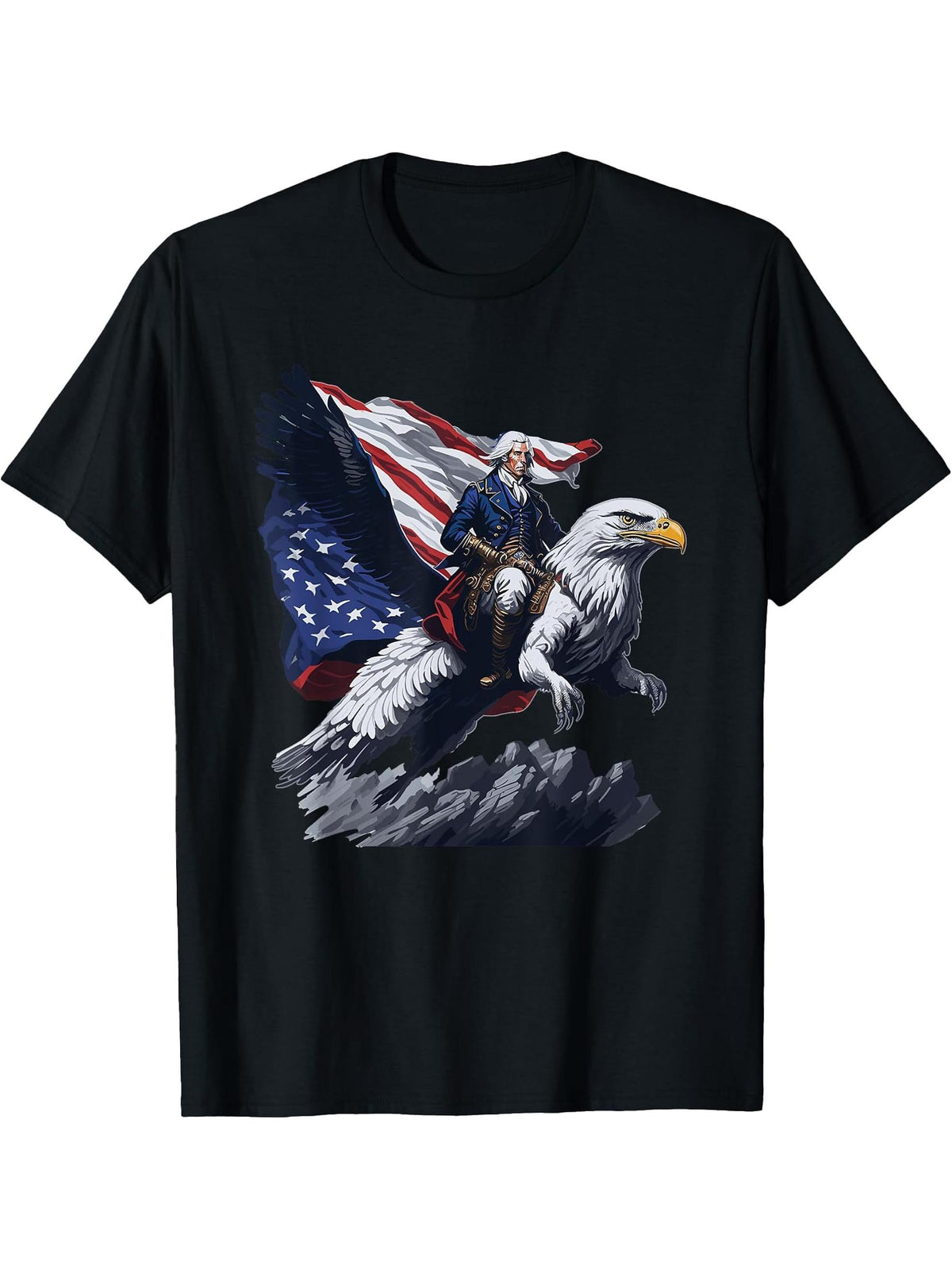 George Washington Riding A Bald Eagle Patriotic T-Shirt 180G 100% Cotton Printed Round Neck Short-Sleeve T-Shirt, Gifts for Men Dad Husband Grandpa, S-XXXL, Black