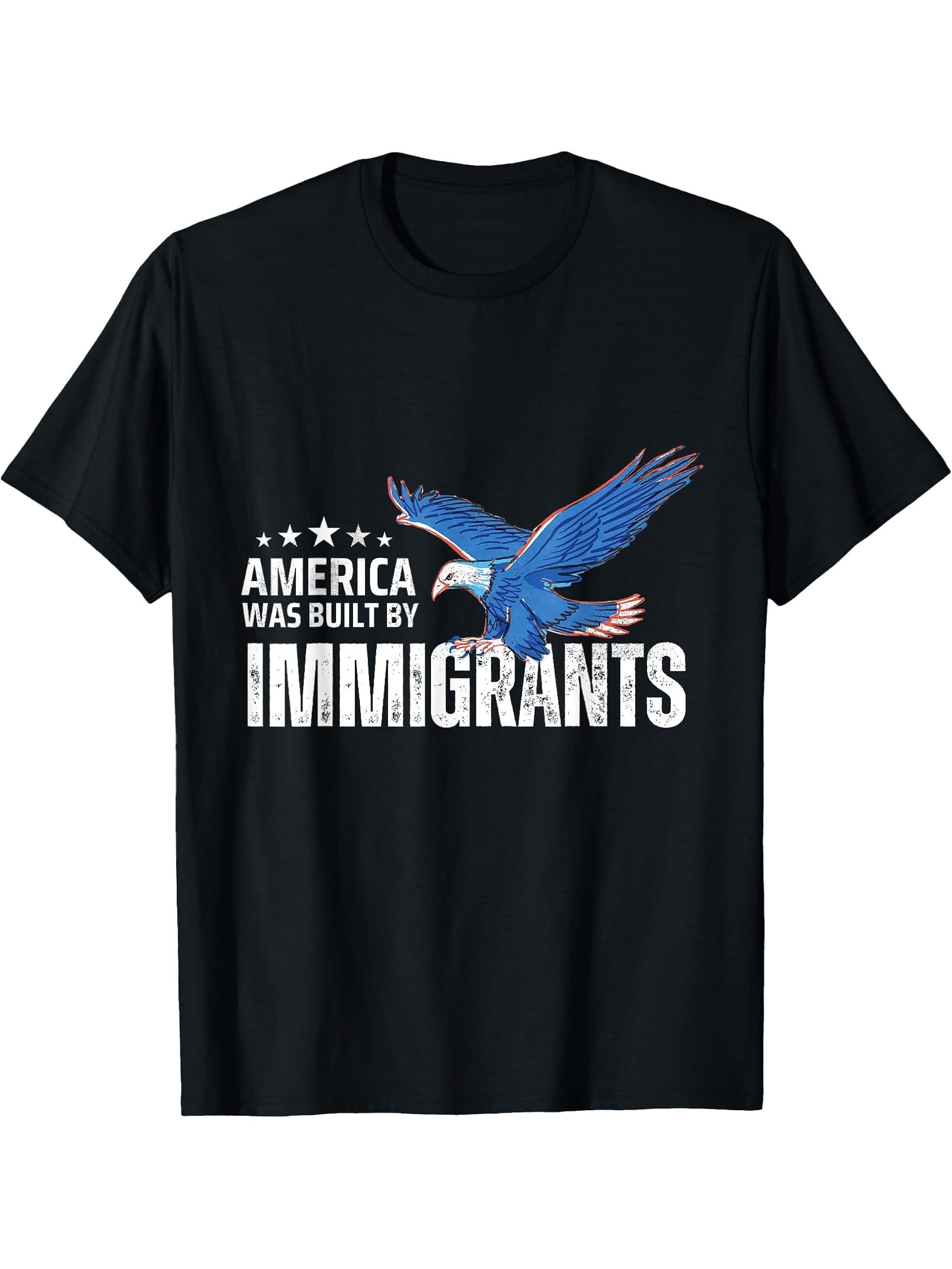 America Was Built By Immigrants Patriotic Bald Eagle T-Shirt 180G 100% Cotton Printed Round Neck Short-Sleeve T-Shirt, Gifts for Men Dad Husband Grandpa, S-XXXL, Black