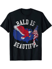 Bald is beautiful Shirt - Bald Eagle Patriotic American T-Shirt 180G 100% Cotton Printed Round Neck Short-Sleeve T-Shirt, Gifts for Men Dad Husband Grandpa, S-XXXL, Black