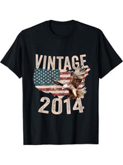 Vintage 2014 Bald Eagle American Flag Country T-Shirt 180G 100% Cotton Printed Round Neck Short-Sleeve T-Shirt, Gifts for Men Dad Husband Grandpa, S-XXXL, Black