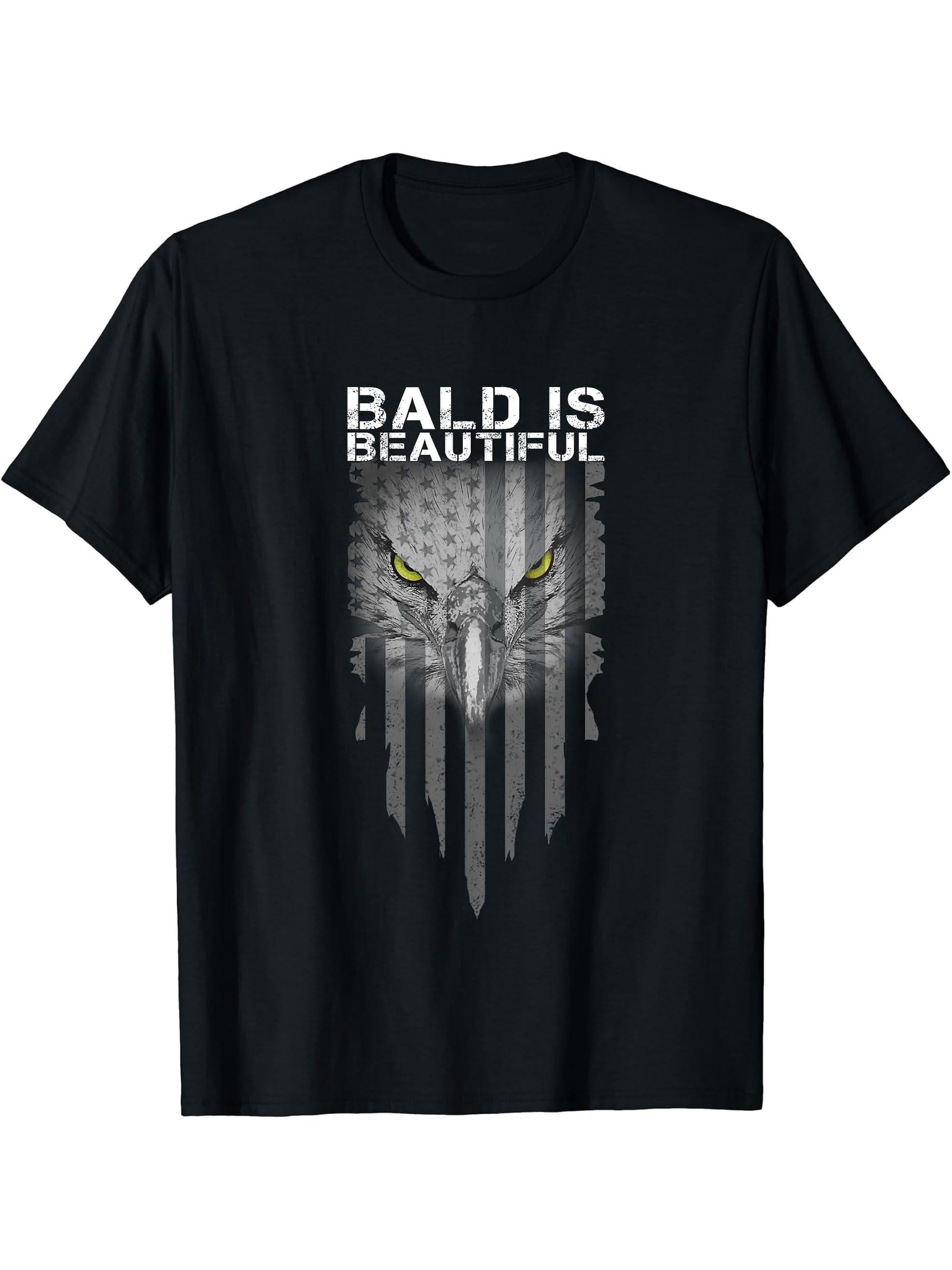 Bald Is Beautiful 4th of July Independence Day Bald Eagle T-Shirt 180G 100% Cotton Printed Round Neck Short-Sleeve T-Shirt, Gifts for Men Dad Husband Grandpa, S-XXXL, Black