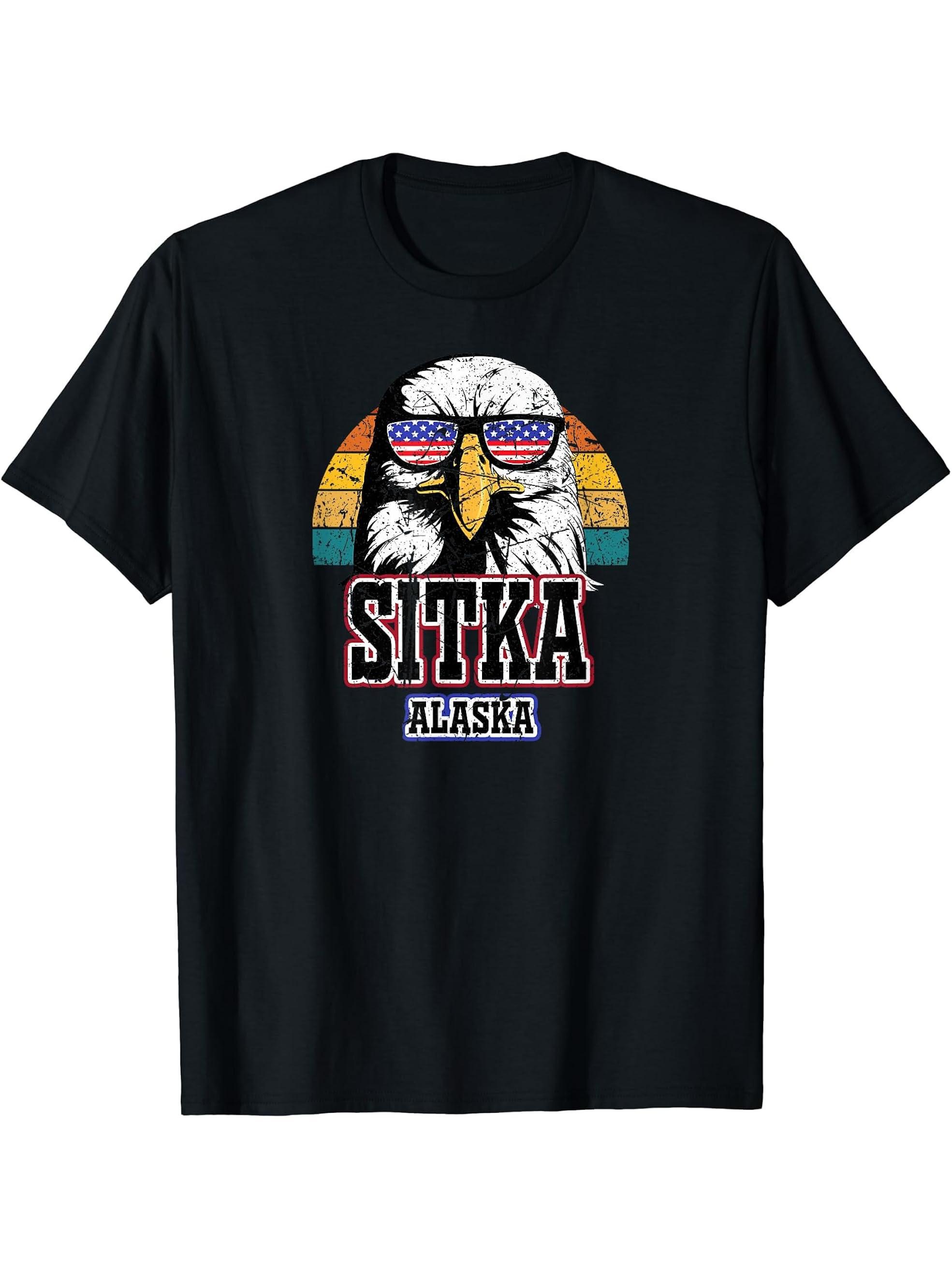 Sitka Alaska Bald Eagle USA Flag Men Women Boy Girl Alaskan T-Shirt 180G 100% Cotton Printed Round Neck Short-Sleeve T-Shirt, Gifts for Men Dad Husband Grandpa, S-XXXL, Black