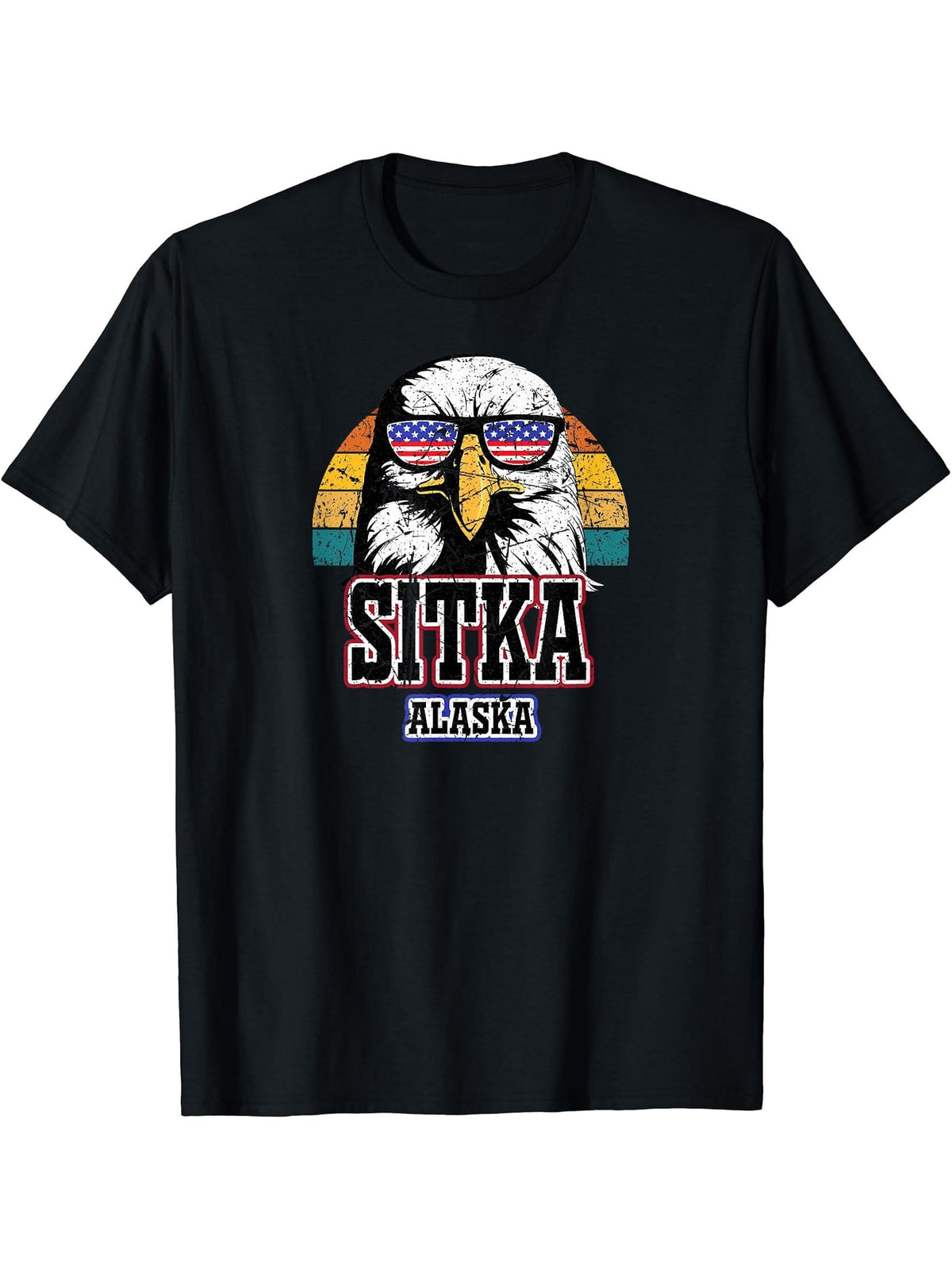 Sitka Alaska Bald Eagle USA Flag Men Women Boy Girl Alaskan T-Shirt 180G 100% Cotton Printed Round Neck Short-Sleeve T-Shirt, Gifts for Men Dad Husband Grandpa, S-XXXL, Black