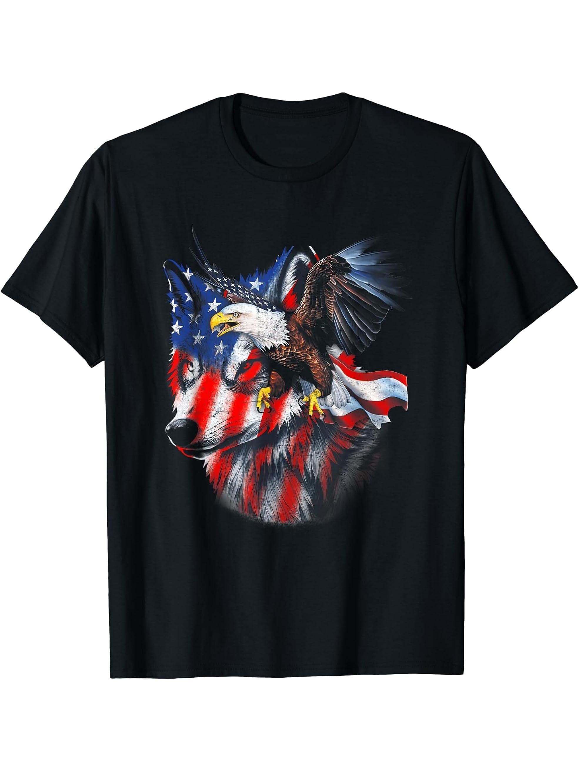 Wolf With Bald Eagles American Flag Independence Day T-Shirt 180G 100% Cotton Printed Round Neck Short-Sleeve T-Shirt, Gifts for Men Dad Husband Grandpa, S-XXXL, Black