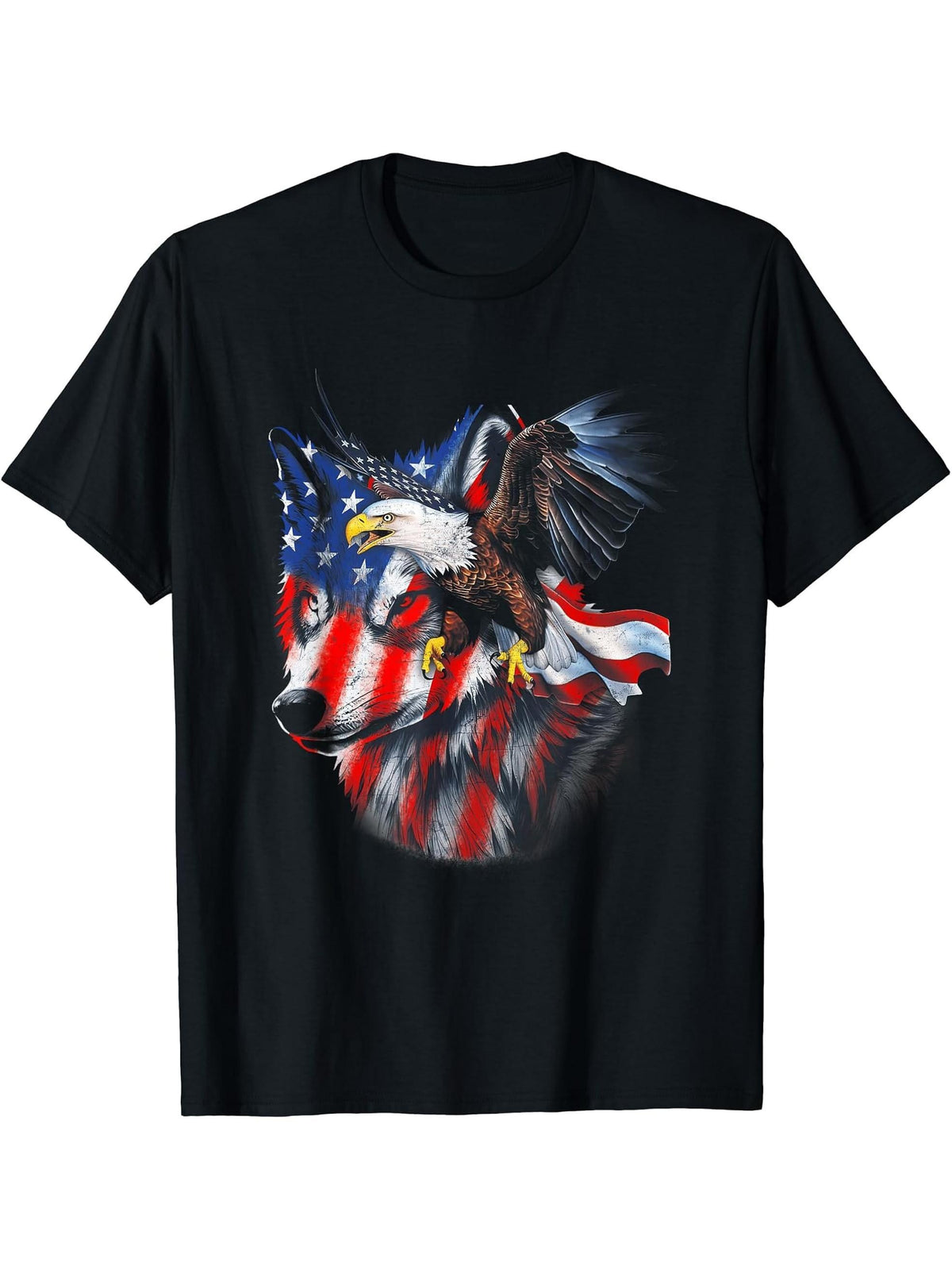 Wolf With Bald Eagles American Flag Independence Day T-Shirt 180G 100% Cotton Printed Round Neck Short-Sleeve T-Shirt, Gifts for Men Dad Husband Grandpa, S-XXXL, Black