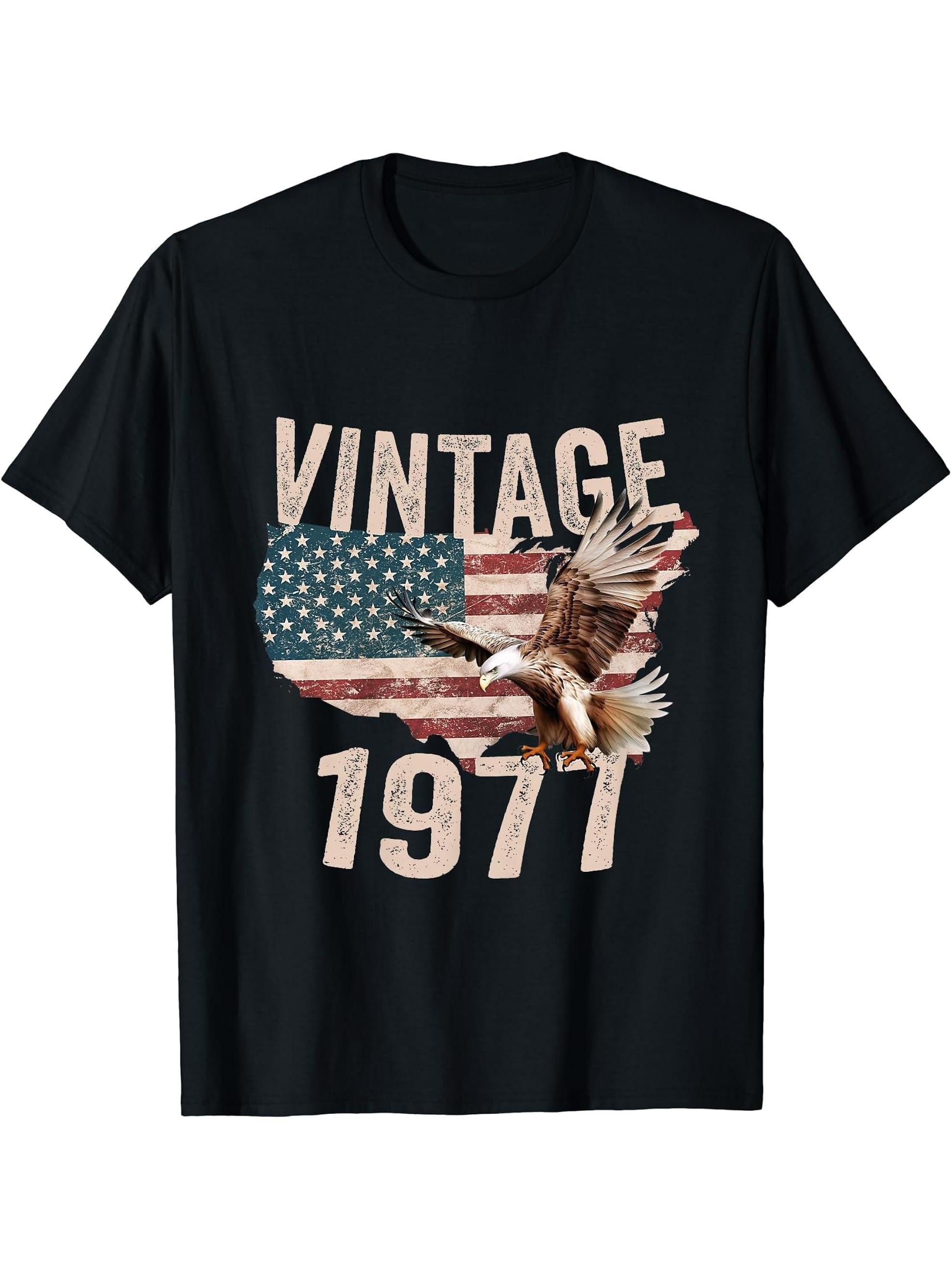 Vintage 1977 Bald Eagle American Flag Country T-Shirt 180G 100% Cotton Printed Round Neck Short-Sleeve T-Shirt, Gifts for Men Dad Husband Grandpa, S-XXXL, Black
