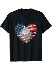 Vintage USA Flag Bald Eagle Patriotic American Flag Heart T-Shirt 180G 100% Cotton Printed Round Neck Short-Sleeve T-Shirt, Gifts for Men Dad Husband Grandpa, S-XXXL, Black