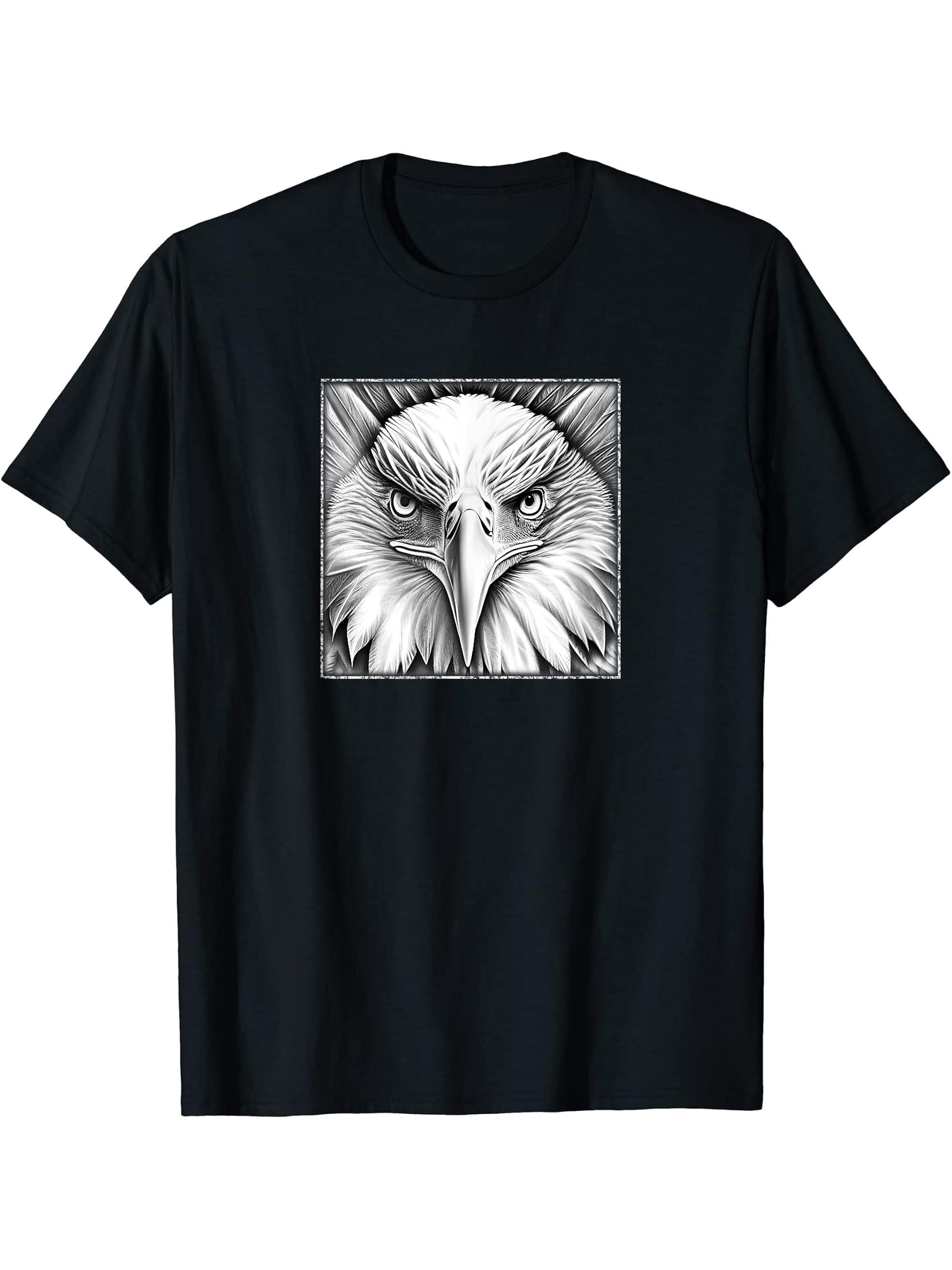 Illustrated Bald Eagle with Light Distressed Effect T-Shirt 180G 100% Cotton Printed Round Neck Short-Sleeve T-Shirt, Gifts for Men Dad Husband Grandpa, S-XXXL, Black