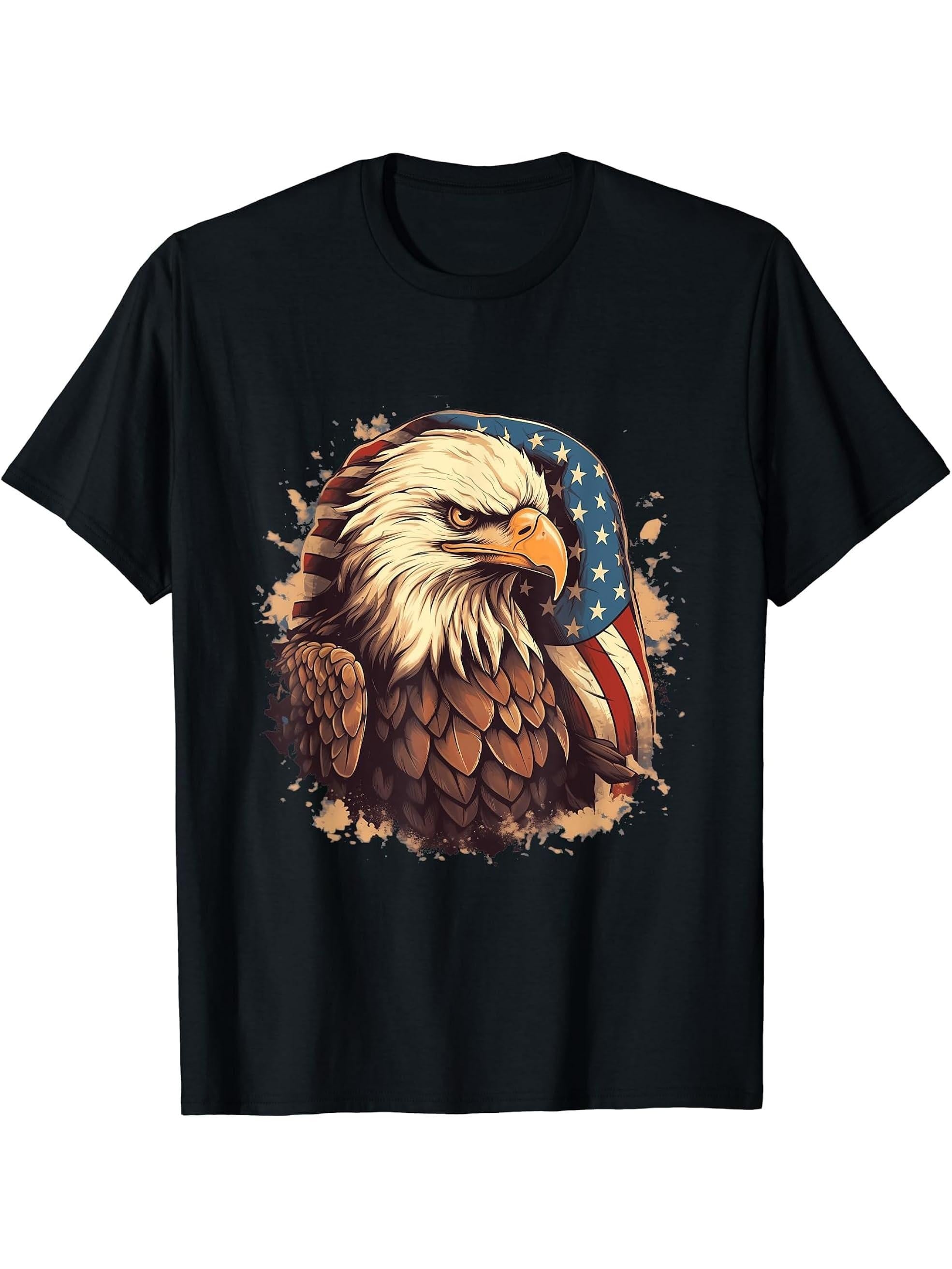 Sea Eagle US Flag Patriotic 4th Of July With Bald Eagle T-Shirt 180G 100% Cotton Printed Round Neck Short-Sleeve T-Shirt, Gifts for Men Dad Husband Grandpa, S-XXXL, Black