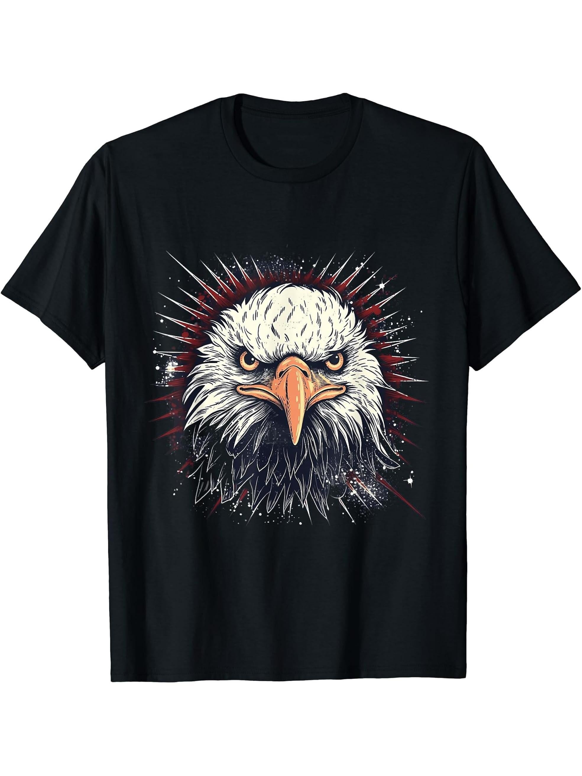 Sea Eagle US Flag Patriotic 4th Of July With Bald Eagle T-Shirt 180G 100% Cotton Printed Round Neck Short-Sleeve T-Shirt, Gifts for Men Dad Husband Grandpa, S-XXXL, Black
