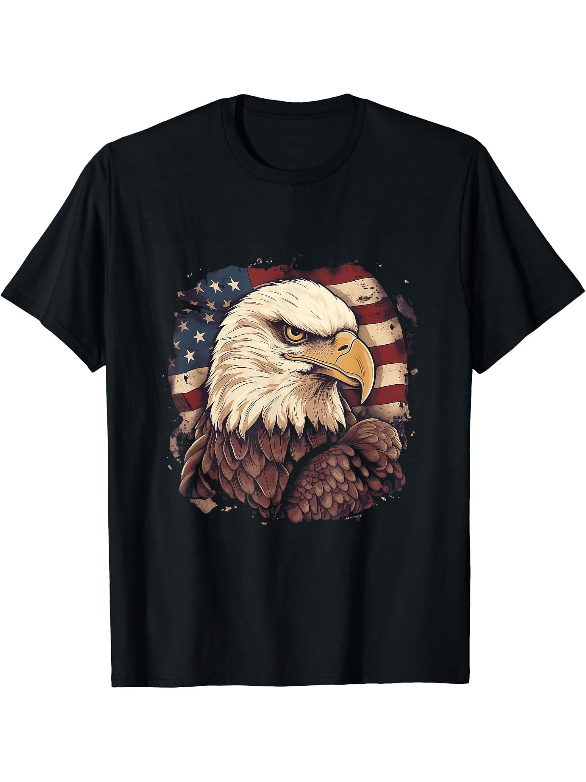 Sea Eagle US Flag Patriotic 4th Of July With Bald Eagle T-Shirt 180G 100% Cotton Printed Round Neck Short-Sleeve T-Shirt, Gifts for Men Dad Husband Grandpa, S-XXXL, Black