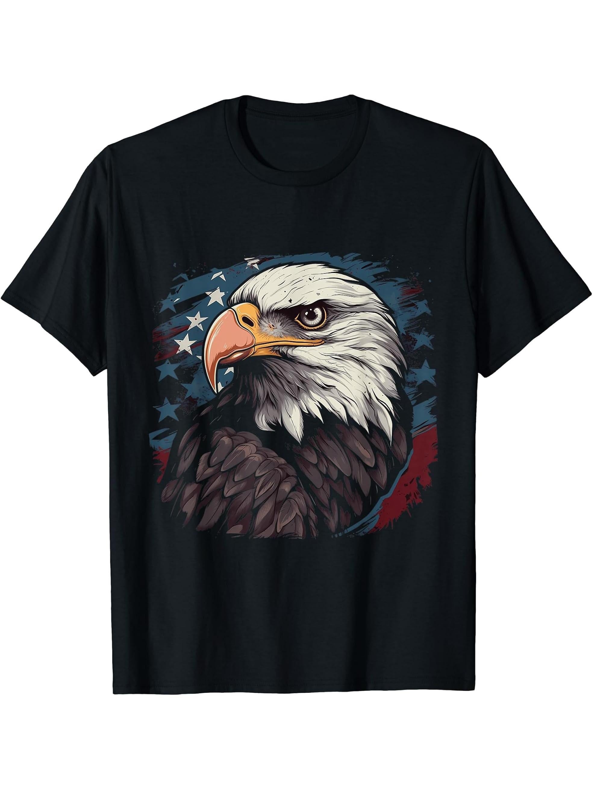 Sea Eagle US Flag Patriotic 4th Of July With Bald Eagle T-Shirt 180G 100% Cotton Printed Round Neck Short-Sleeve T-Shirt, Gifts for Men Dad Husband Grandpa, S-XXXL, Black
