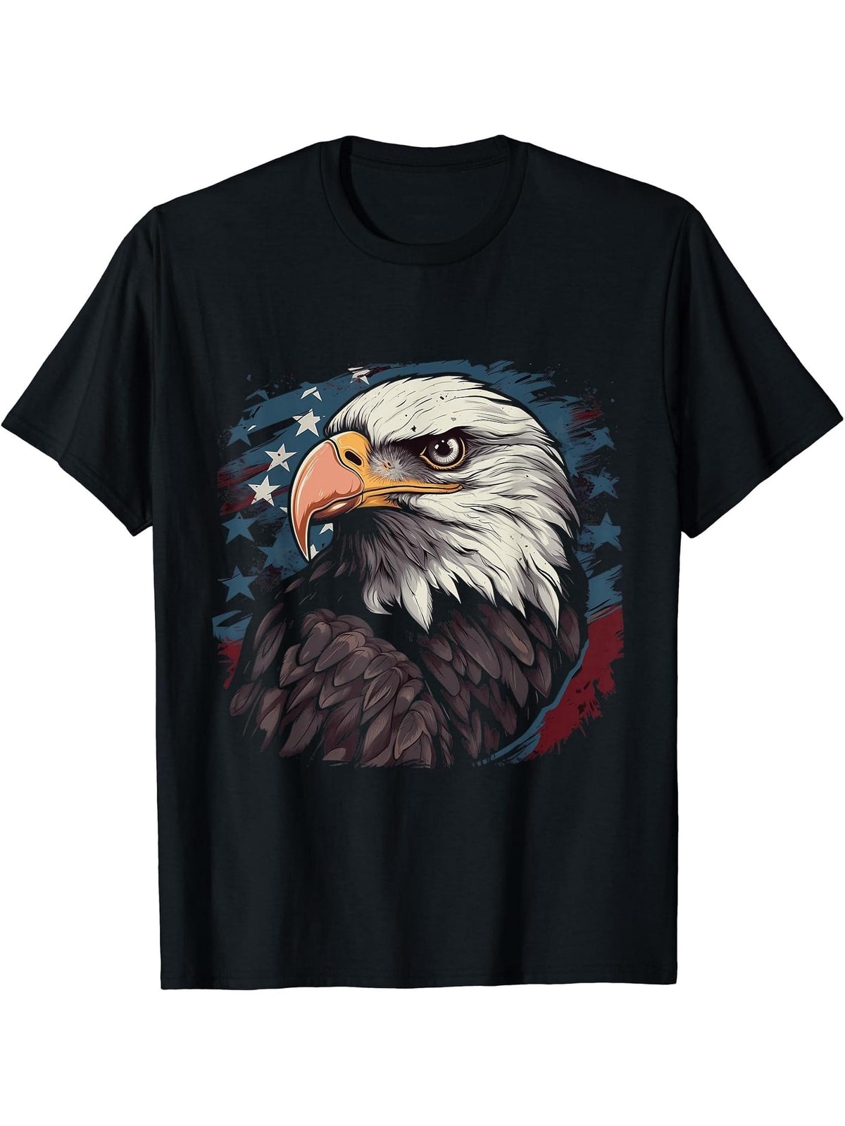 Sea Eagle US Flag Patriotic 4th Of July With Bald Eagle T-Shirt 180G 100% Cotton Printed Round Neck Short-Sleeve T-Shirt, Gifts for Men Dad Husband Grandpa, S-XXXL, Black