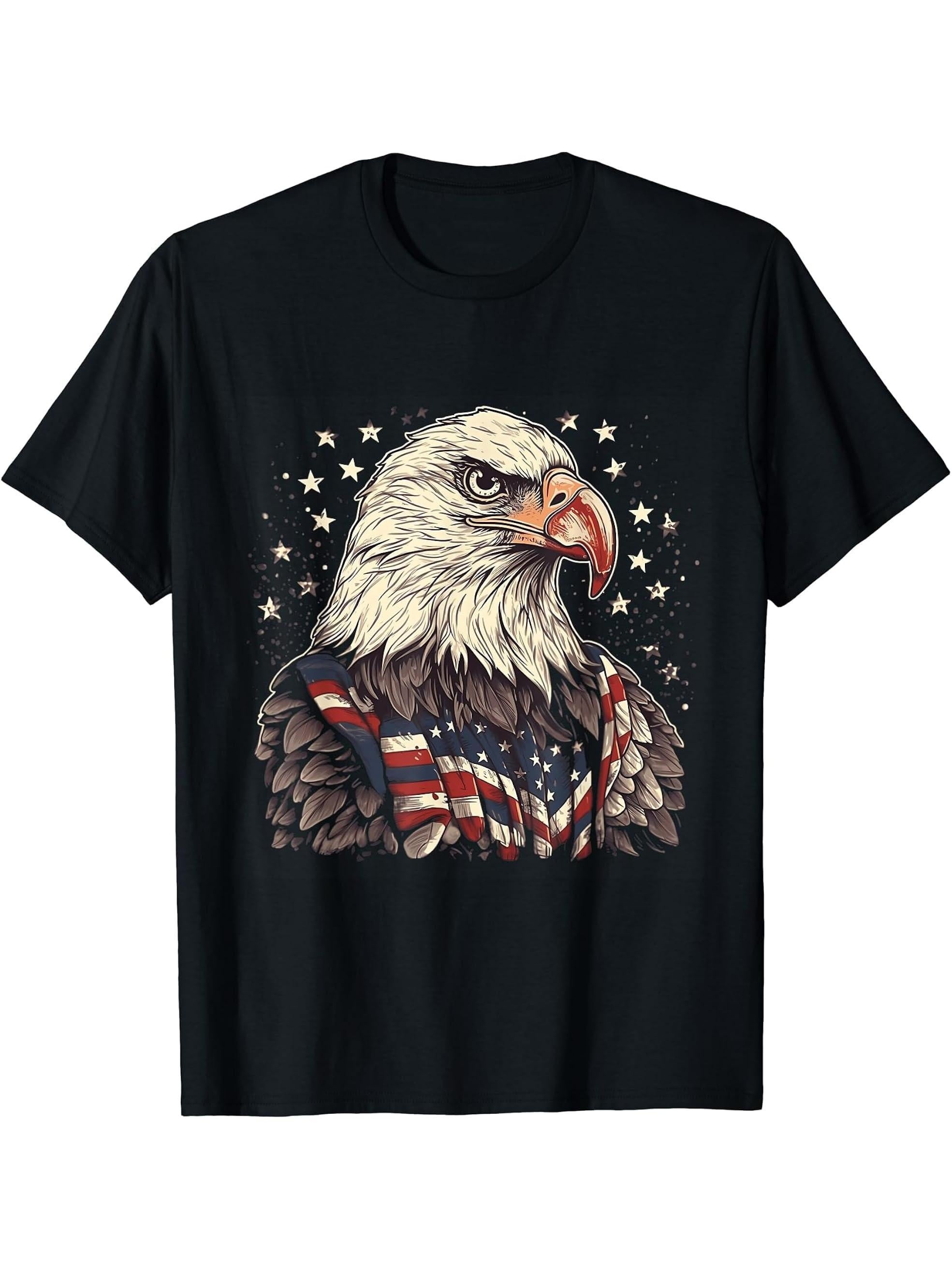 Sea Eagle US Flag Patriotic 4th Of July With Bald Eagle T-Shirt 180G 100% Cotton Printed Round Neck Short-Sleeve T-Shirt, Gifts for Men Dad Husband Grandpa, S-XXXL, Black
