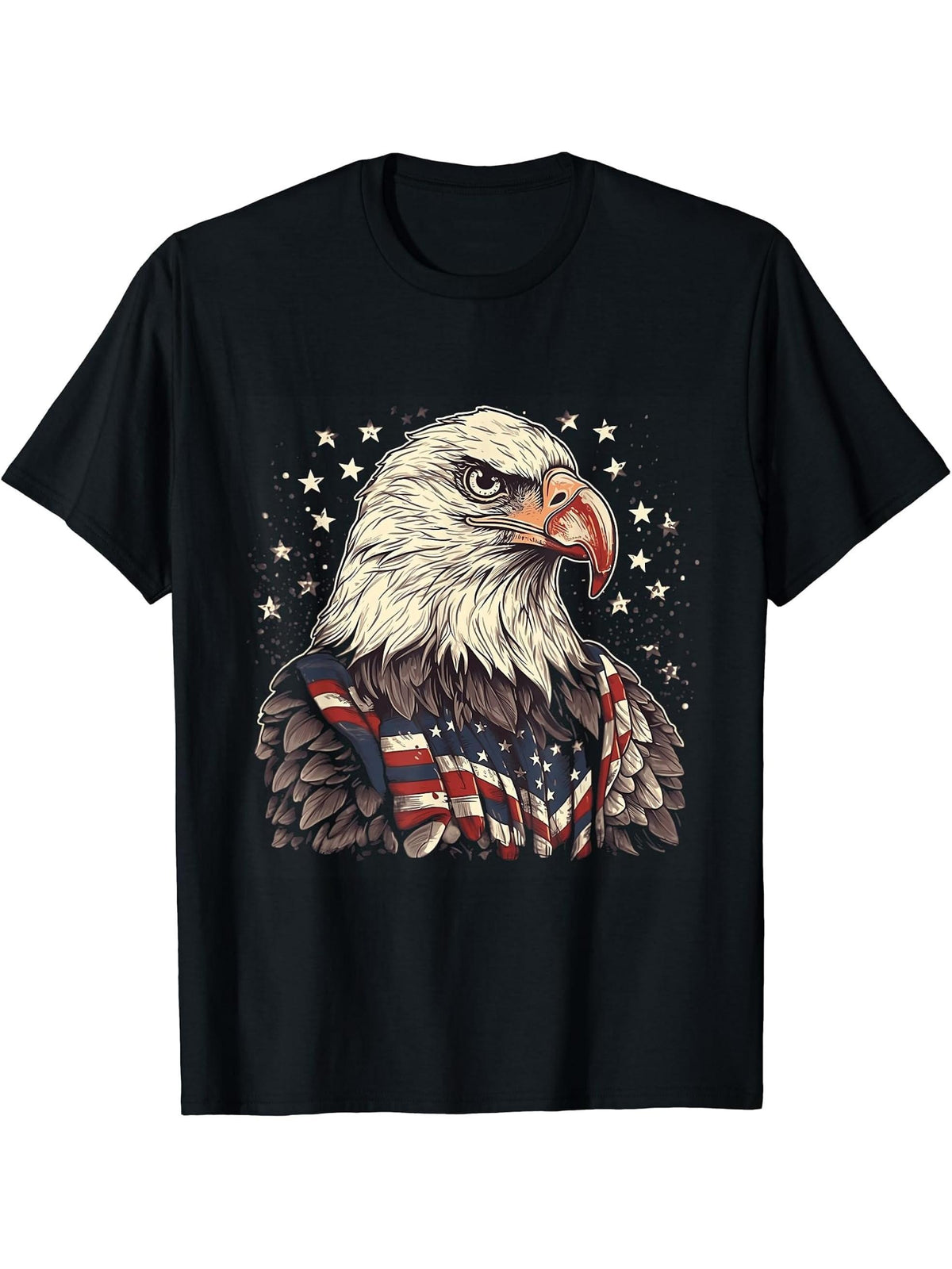 Sea Eagle US Flag Patriotic 4th Of July With Bald Eagle T-Shirt 180G 100% Cotton Printed Round Neck Short-Sleeve T-Shirt, Gifts for Men Dad Husband Grandpa, S-XXXL, Black