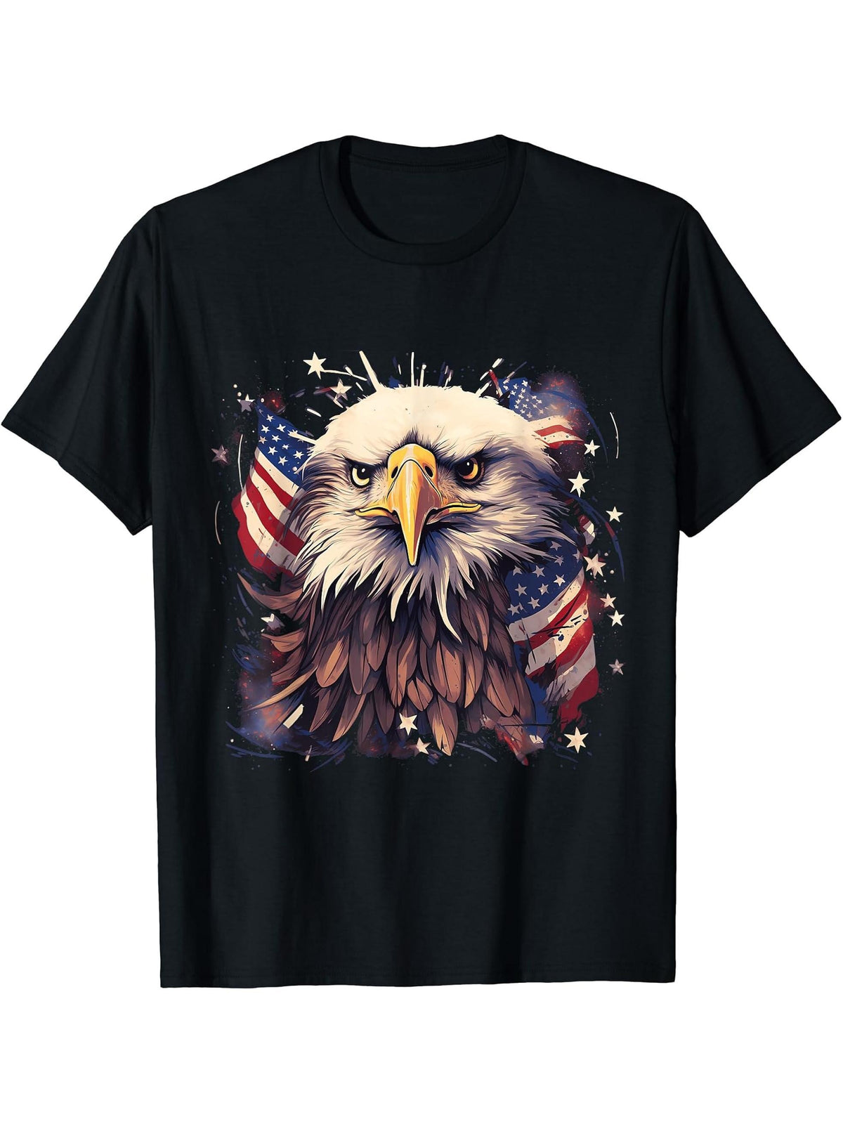 Sea Eagle US Flag Patriotic 4th Of July With Bald Eagle T-Shirt 180G 100% Cotton Printed Round Neck Short-Sleeve T-Shirt, Gifts for Men Dad Husband Grandpa, S-XXXL, Black