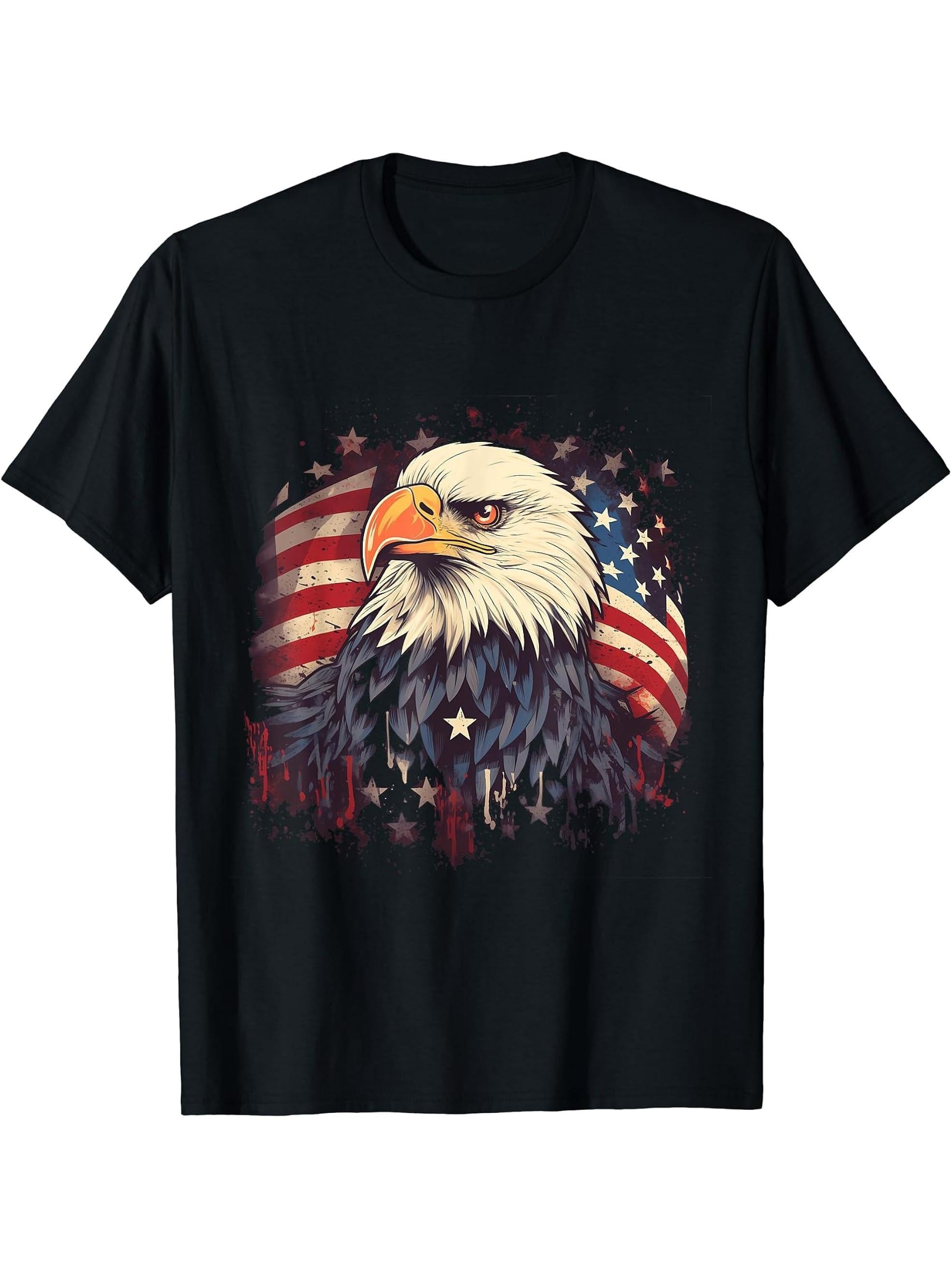 Sea Eagle US Flag Patriotic 4th Of July With Bald Eagle T-Shirt 180G 100% Cotton Printed Round Neck Short-Sleeve T-Shirt, Gifts for Men Dad Husband Grandpa, S-XXXL, Black