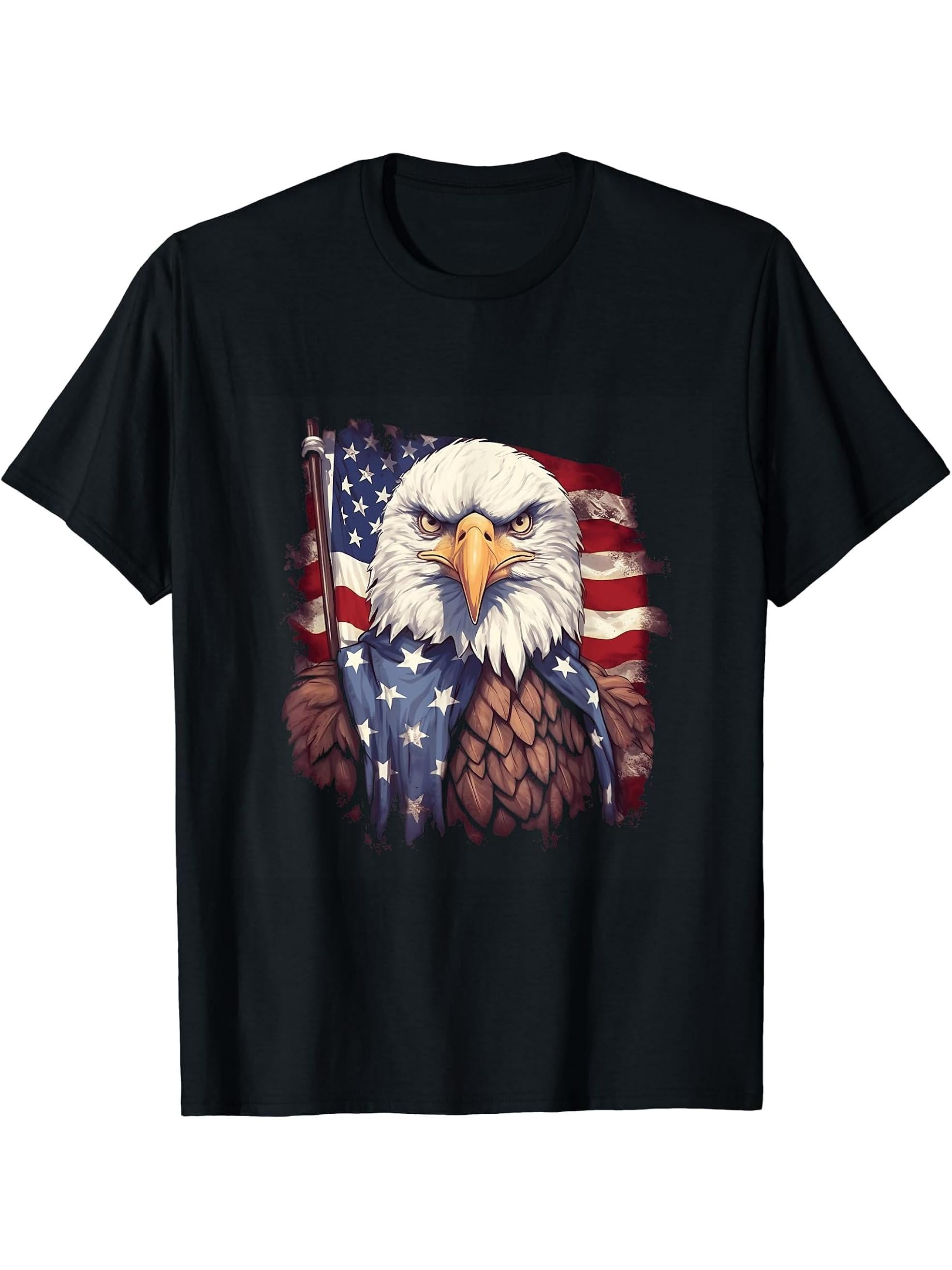 Sea Eagle US Flag Patriotic 4th Of July With Bald Eagle T-Shirt 180G 100% Cotton Printed Round Neck Short-Sleeve T-Shirt, Gifts for Men Dad Husband Grandpa, S-XXXL, Black
