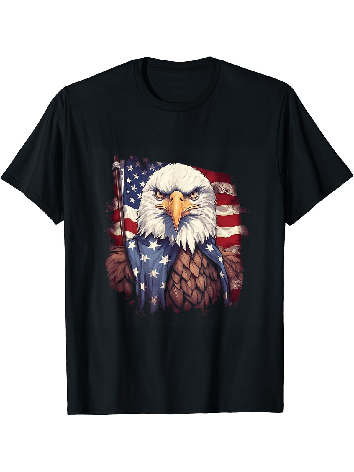 Sea Eagle US Flag Patriotic 4th Of July With Bald Eagle T-Shirt 180G 100% Cotton Printed Round Neck Short-Sleeve T-Shirt, Gifts for Men Dad Husband Grandpa, S-XXXL, Black