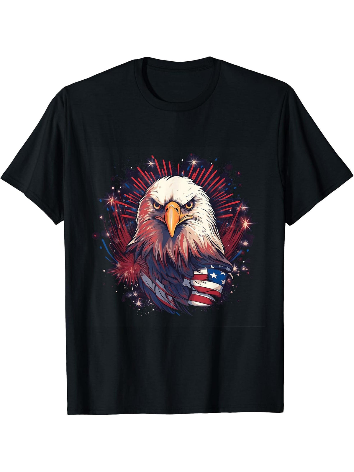 Sea Eagle US Flag Patriotic 4th Of July With Bald Eagle T-Shirt 180G 100% Cotton Printed Round Neck Short-Sleeve T-Shirt, Gifts for Men Dad Husband Grandpa, S-XXXL, Black