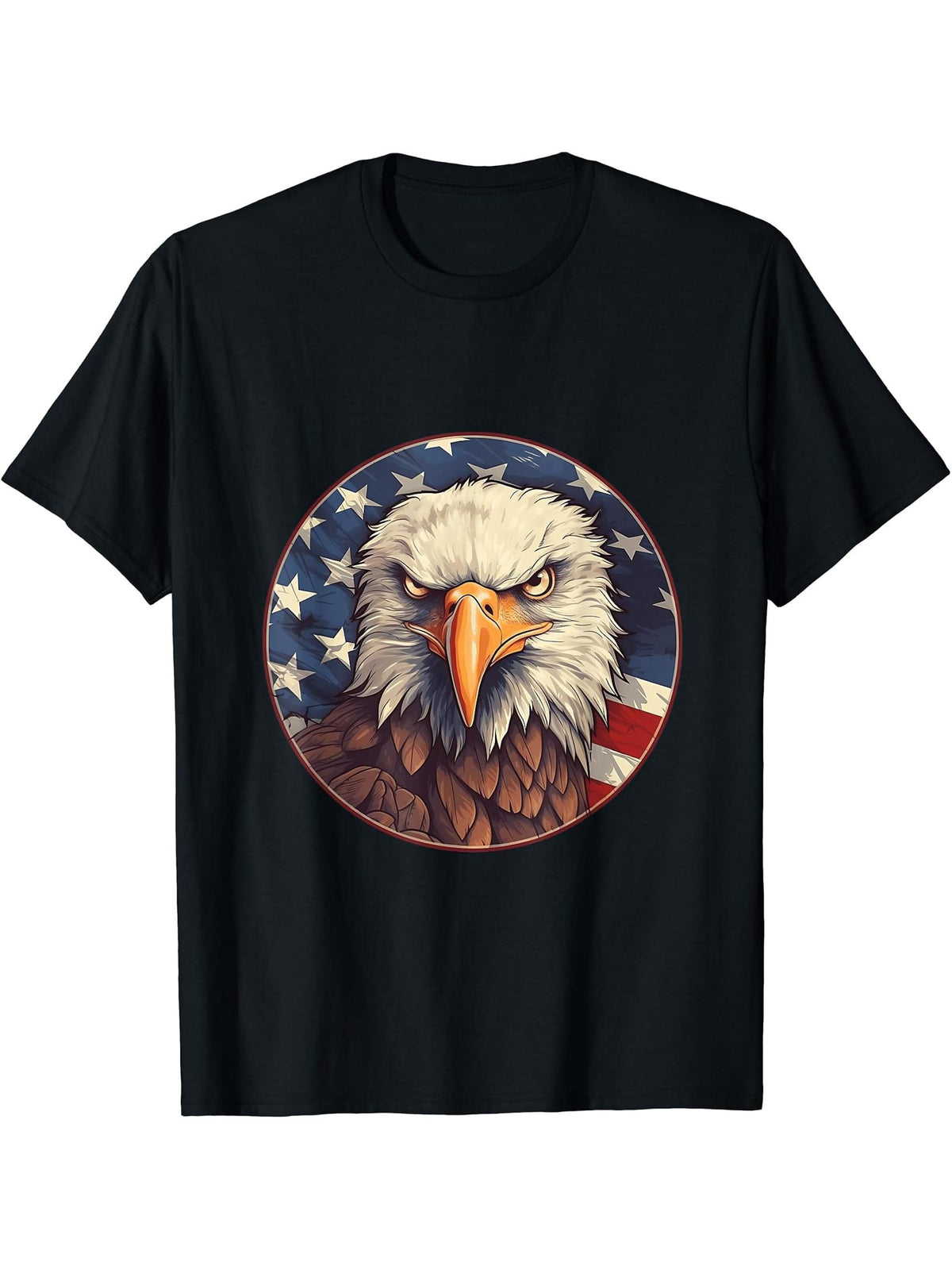 Sea Eagle US Flag Patriotic 4th Of July With Bald Eagle T-Shirt 180G 100% Cotton Printed Round Neck Short-Sleeve T-Shirt, Gifts for Men Dad Husband Grandpa, S-XXXL, Black