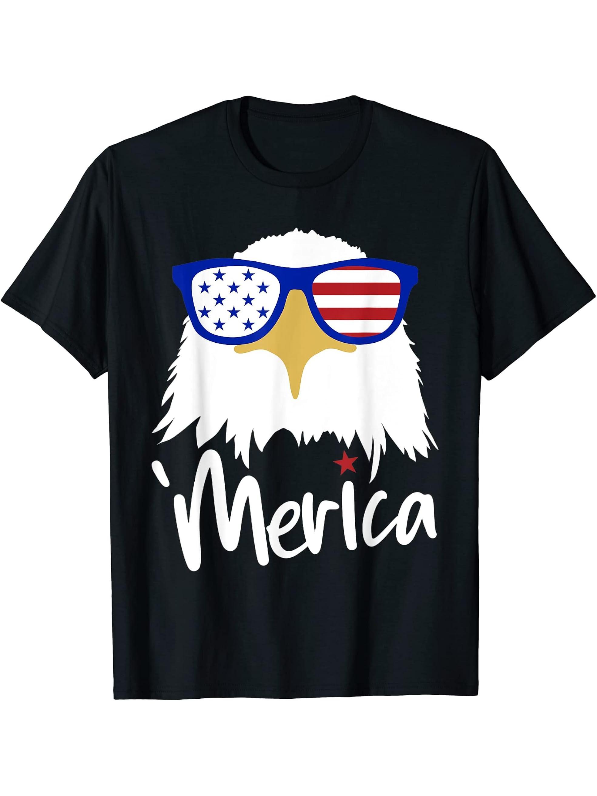 Funny 4th of July, Merica Bald Eagle with Patriot Sunglasses T-Shirt 180G 100% Cotton Printed Round Neck Short-Sleeve T-Shirt, Gifts for Men Dad Husband Grandpa, S-XXXL, Black