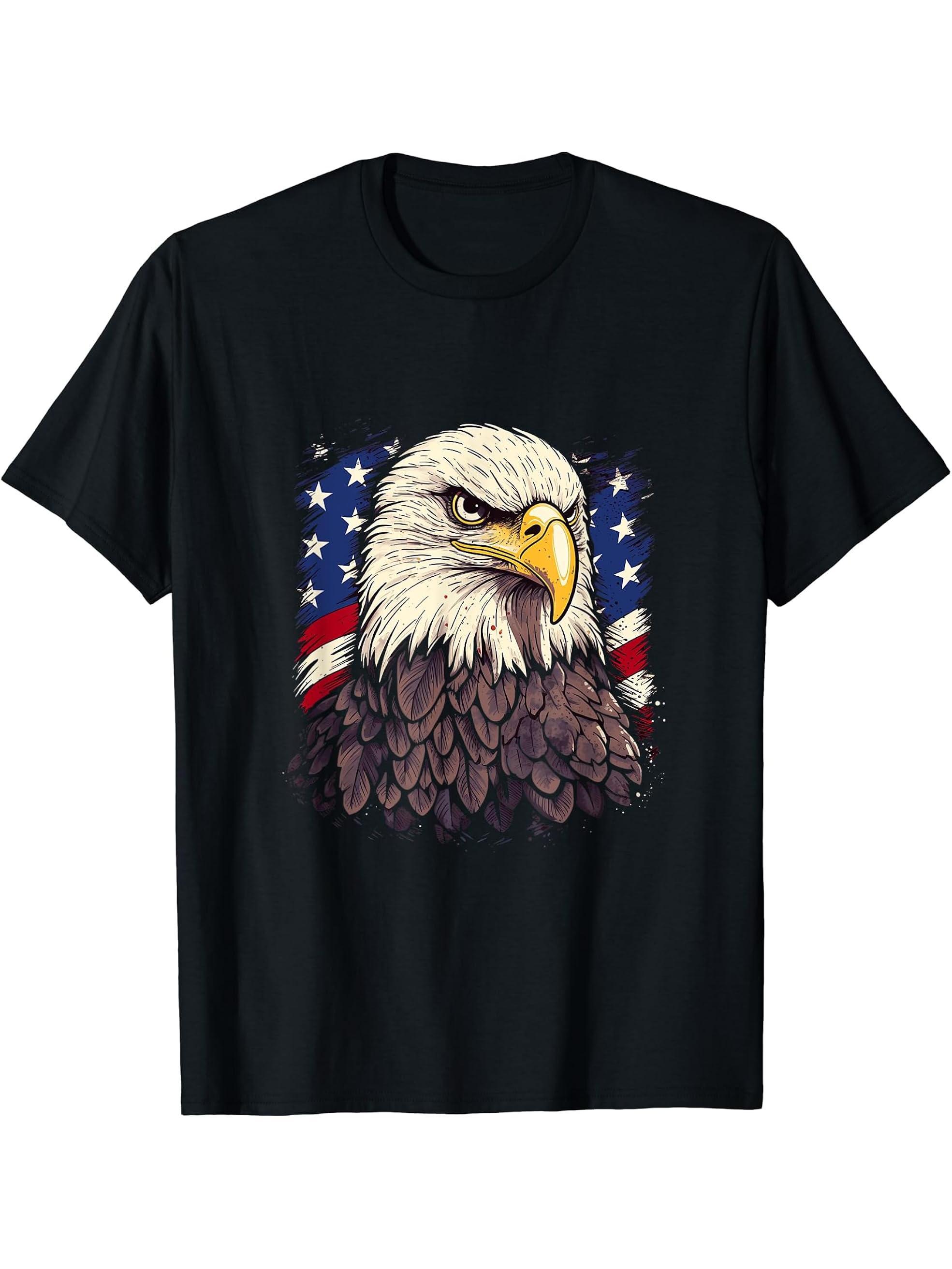 Sea Eagle US Flag Patriotic 4th Of July With Bald Eagle T-Shirt 180G 100% Cotton Printed Round Neck Short-Sleeve T-Shirt, Gifts for Men Dad Husband Grandpa, S-XXXL, Black
