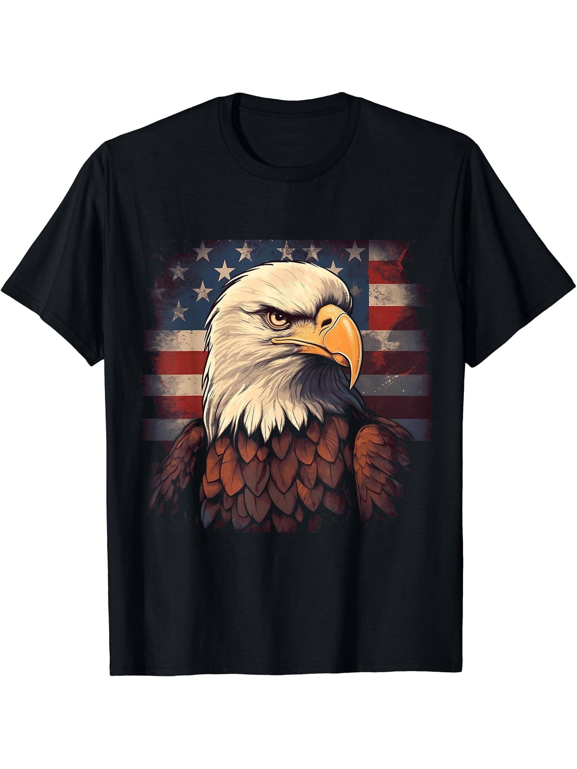 Sea Eagle US Flag Patriotic 4th Of July With Bald Eagle T-Shirt 180G 100% Cotton Printed Round Neck Short-Sleeve T-Shirt, Gifts for Men Dad Husband Grandpa, S-XXXL, Black