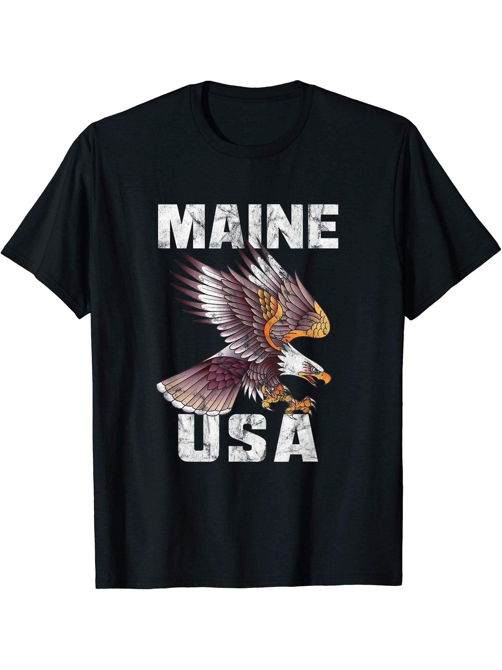 Retro Distressed Maine USA Bald Eagle Gift T-Shirt 180G 100% Cotton Printed Round Neck Short-Sleeve T-Shirt, Gifts for Men Dad Husband Grandpa, S-XXXL, Black