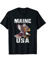 Retro Distressed Maine USA Bald Eagle Gift T-Shirt 180G 100% Cotton Printed Round Neck Short-Sleeve T-Shirt, Gifts for Men Dad Husband Grandpa, S-XXXL, Black