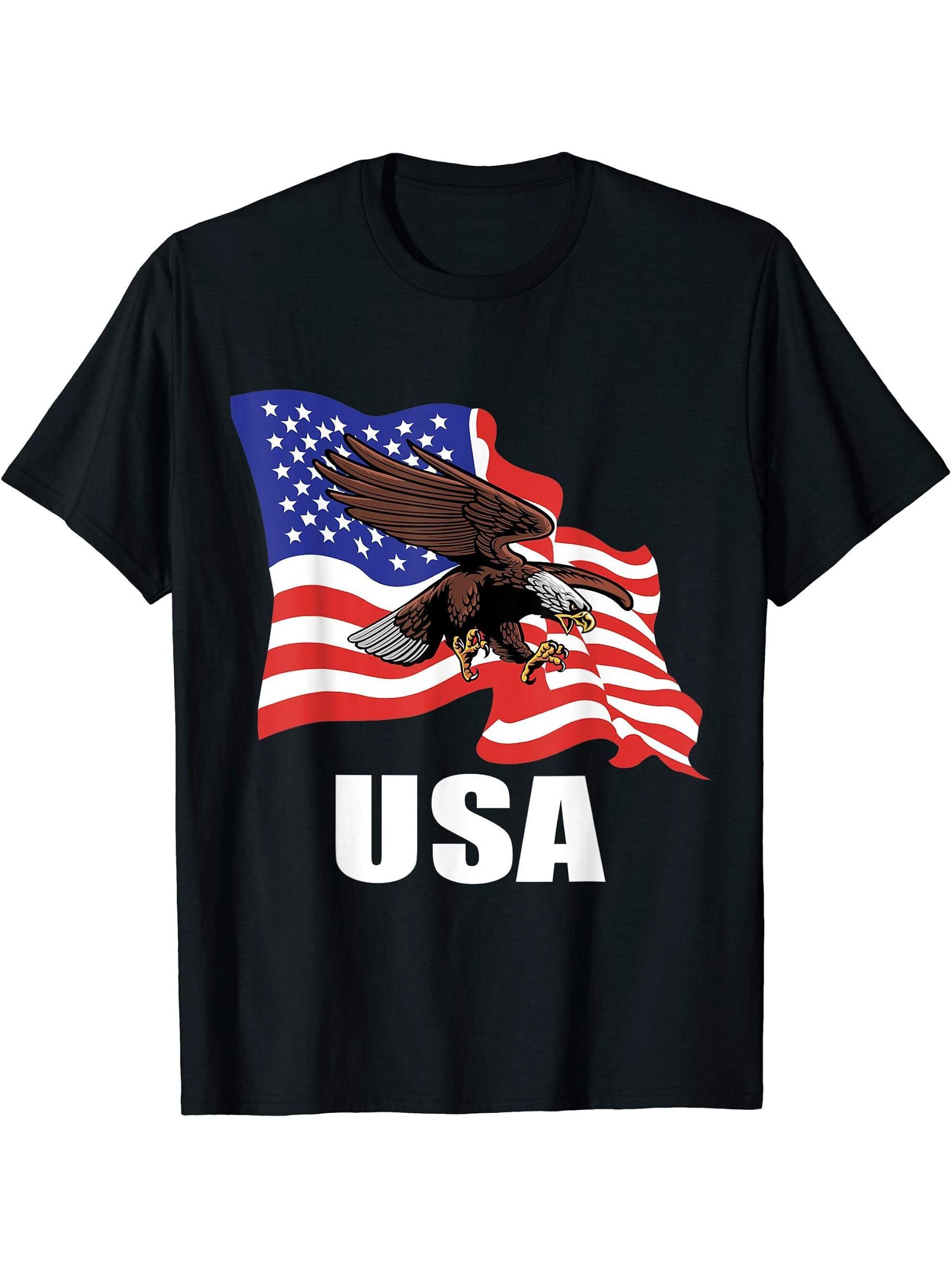 Bald Eagle with American Flag Men's T-shirt T-Shirt 180G 100% Cotton Printed Round Neck Short-Sleeve T-Shirt, Gifts for Men Dad Husband Grandpa, S-XXXL, Black