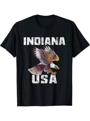 Retro Distressed Indiana USA Bald Eagle Gift T-Shirt 180G 100% Cotton Printed Round Neck Short-Sleeve T-Shirt, Gifts for Men Dad Husband Grandpa, S-XXXL, Black