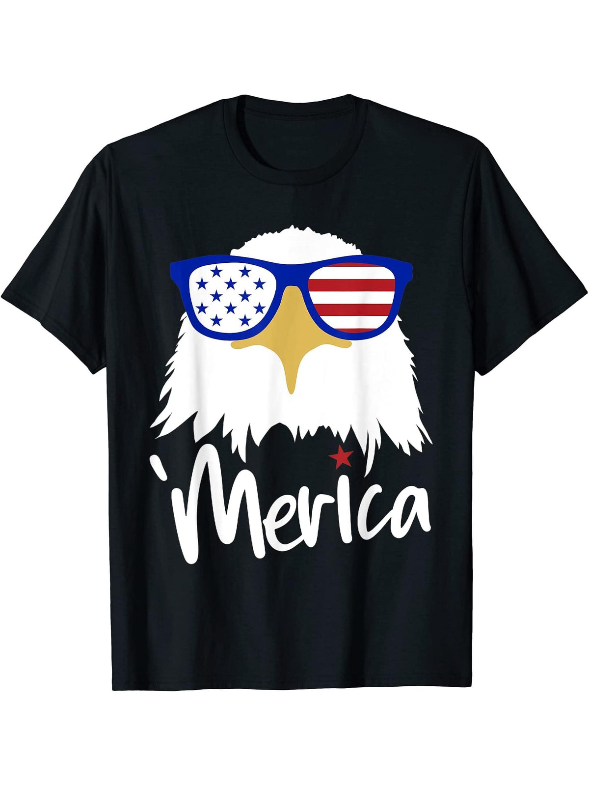 Funny 4th of July, Merica Bald Eagle with Patriot Sunglasses T-Shirt 180G 100% Cotton Printed Round Neck Short-Sleeve T-Shirt, Gifts for Men Dad Husband Grandpa, S-XXXL, Black