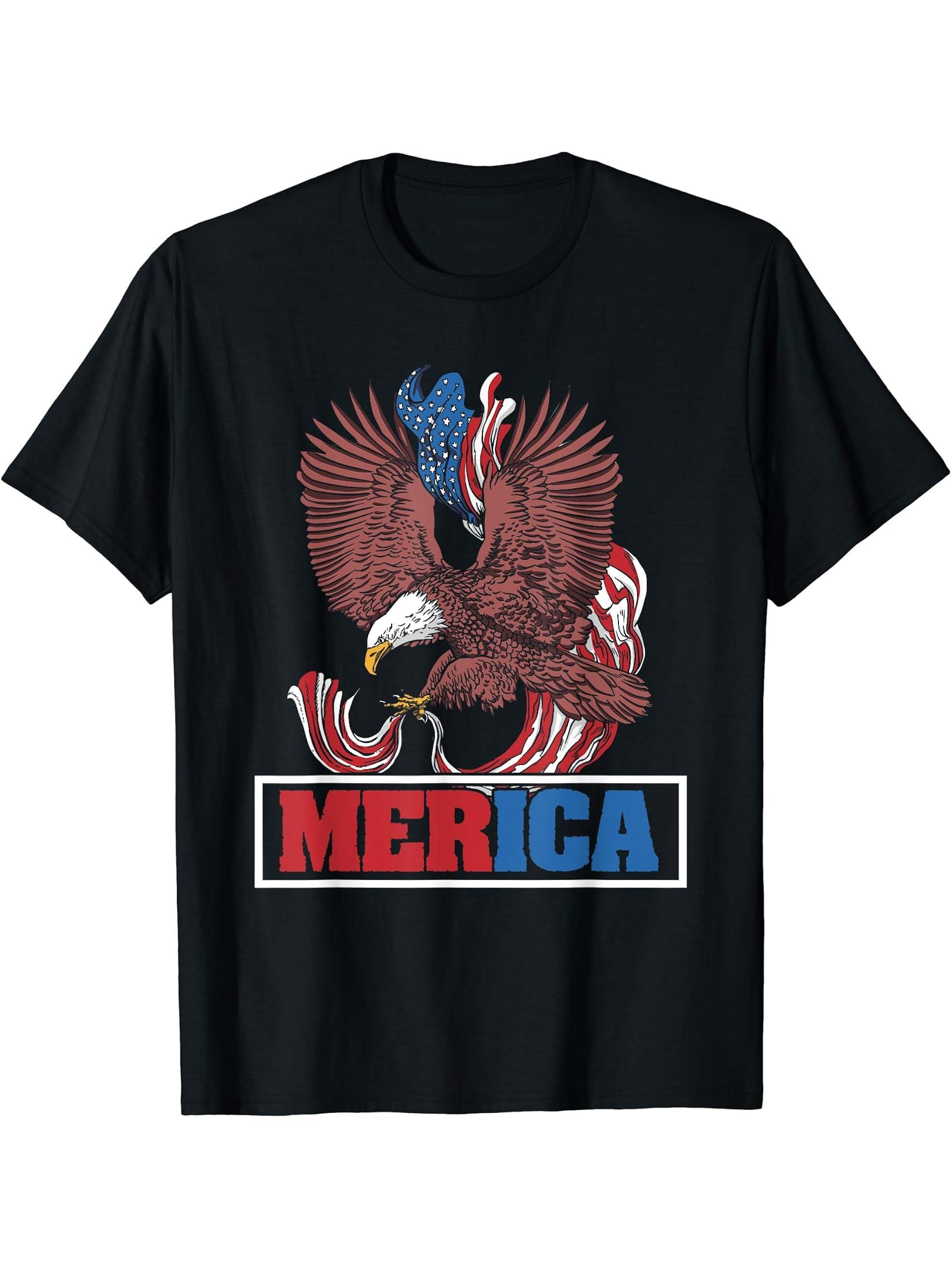 Merica Bald Eagle Bandana 4th of July for American Patriots T-Shirt 180G 100% Cotton Printed Round Neck Short-Sleeve T-Shirt, Gifts for Men Dad Husband Grandpa, S-XXXL, Black