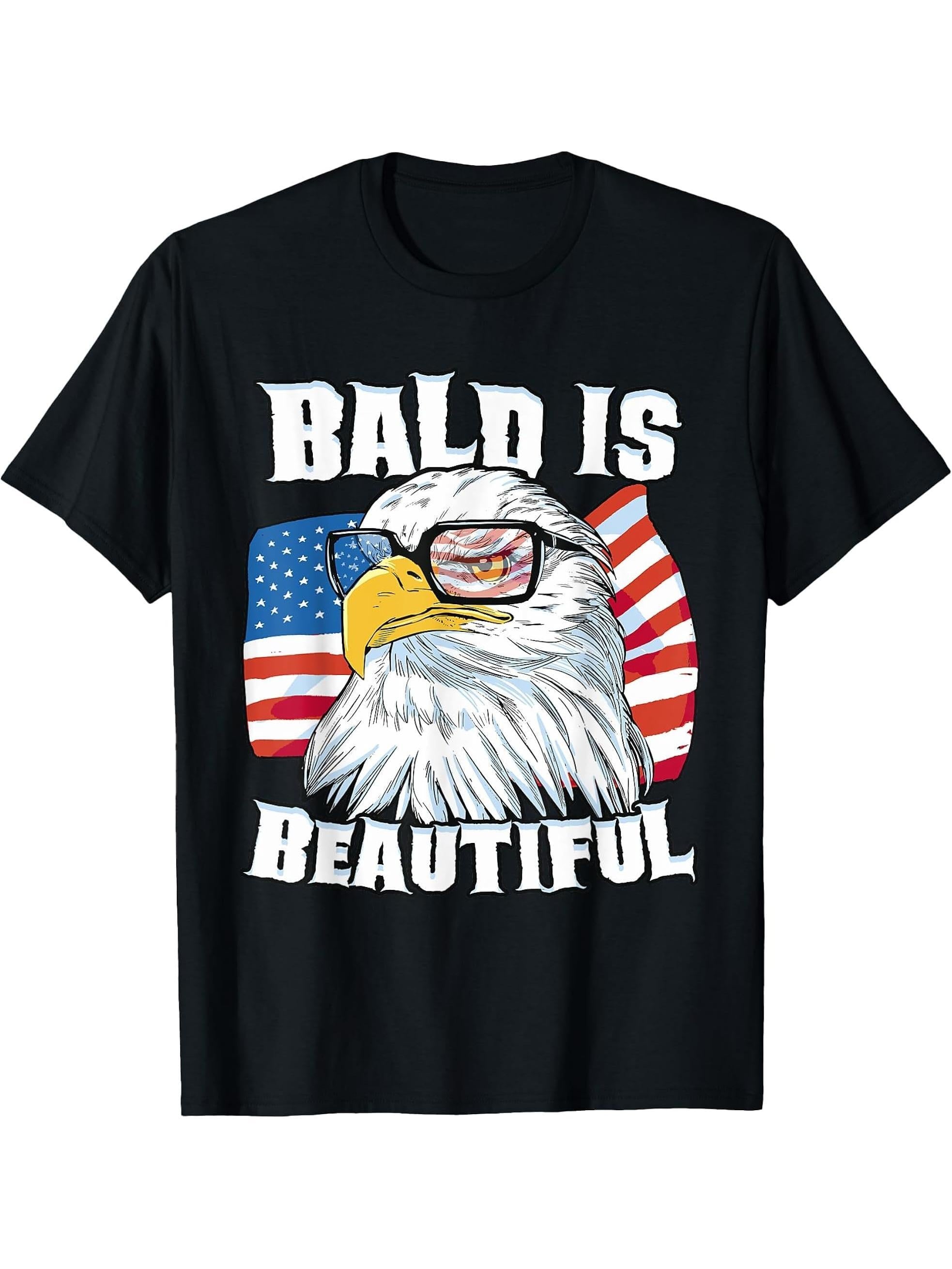 Bald Is Beautiful American Flag Eagle T-Shirt 180G 100% Cotton Printed Round Neck Short-Sleeve T-Shirt, Gifts for Men Dad Husband Grandpa, S-XXXL, Black