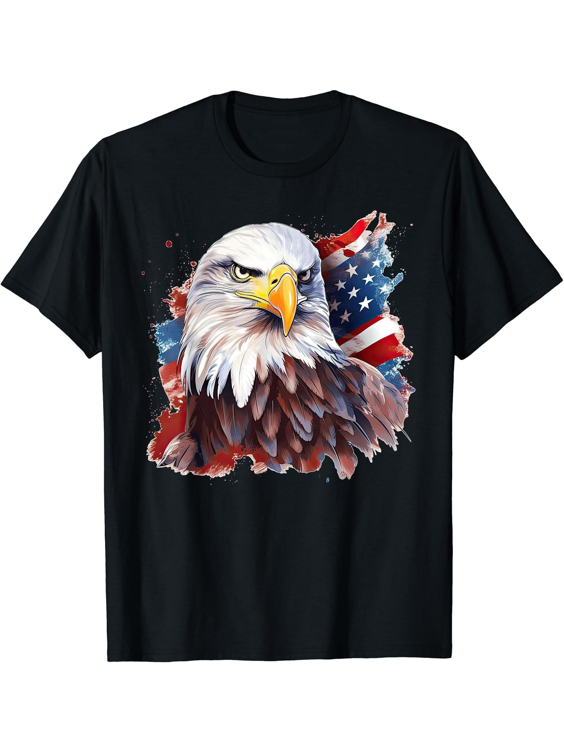 Bald Eagle US American Flag Patriotic Animal T-Shirt 180G 100% Cotton Printed Round Neck Short-Sleeve T-Shirt, Gifts for Men Dad Husband Grandpa, S-XXXL, Black