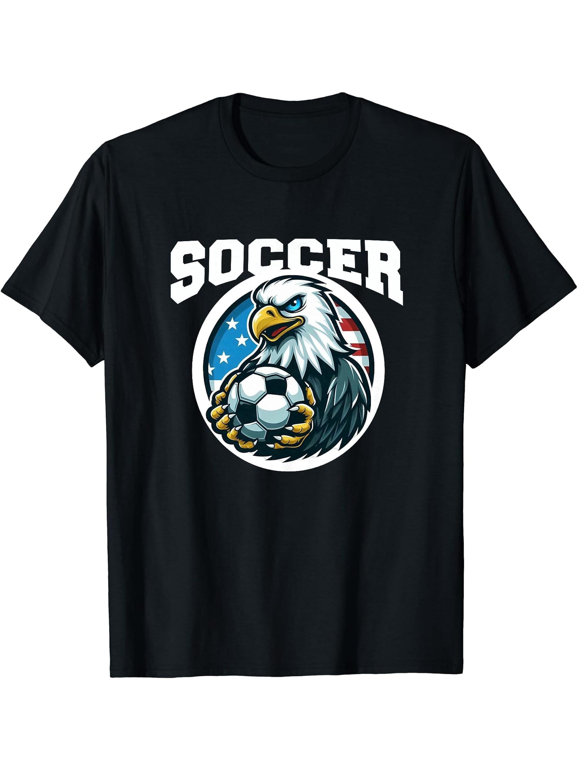 Soccer Bald Eagle Playing Soccer Games T-Shirt 180G 100% Cotton Printed Round Neck Short-Sleeve T-Shirt, Gifts for Men Dad Husband Grandpa, S-XXXL, Black