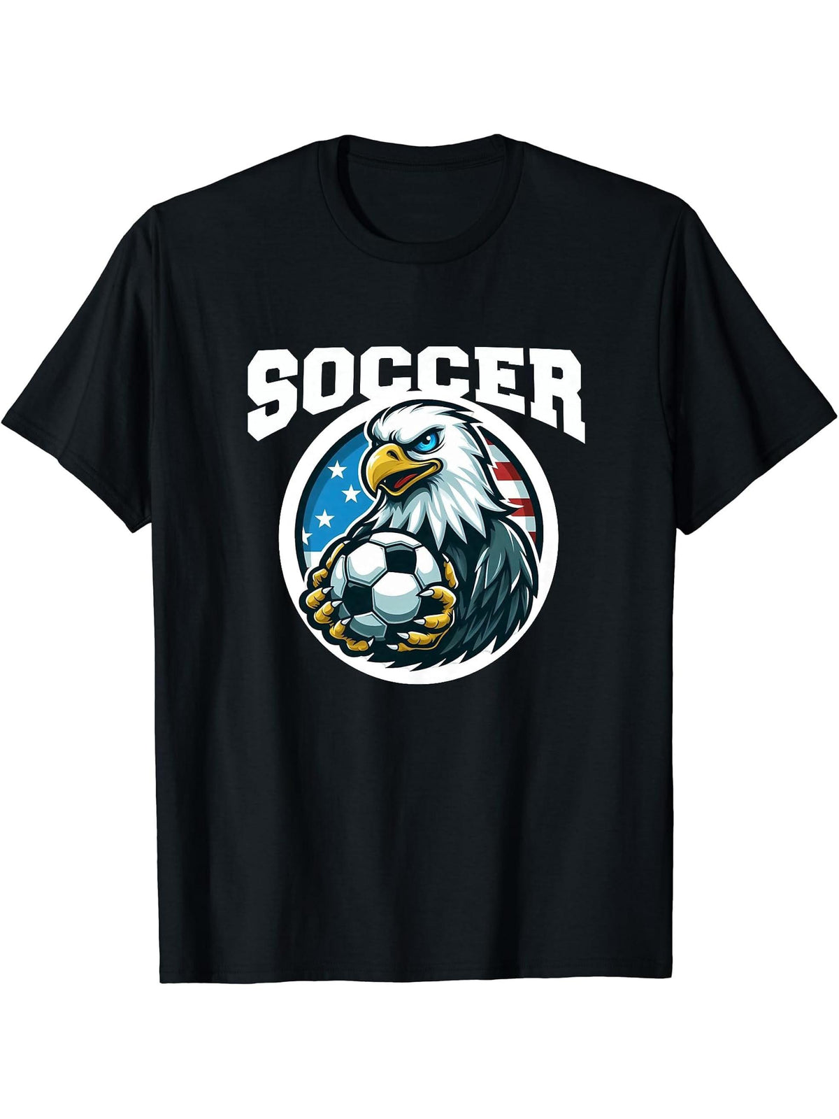 Soccer Bald Eagle Playing Soccer Games T-Shirt 180G 100% Cotton Printed Round Neck Short-Sleeve T-Shirt, Gifts for Men Dad Husband Grandpa, S-XXXL, Black