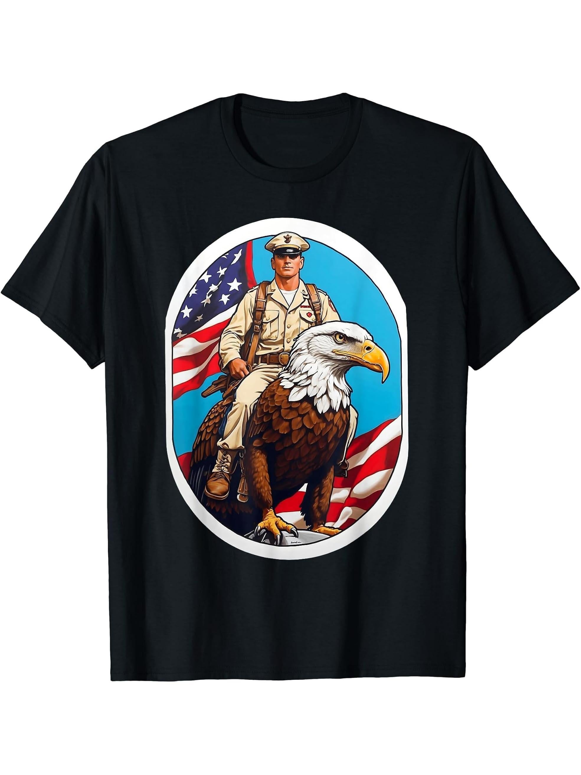 Freedom Flight: Military Member Riding Bald Eagle - USA T-Shirt 180G 100% Cotton Printed Round Neck Short-Sleeve T-Shirt, Gifts for Men Dad Husband Grandpa, S-XXXL, Black