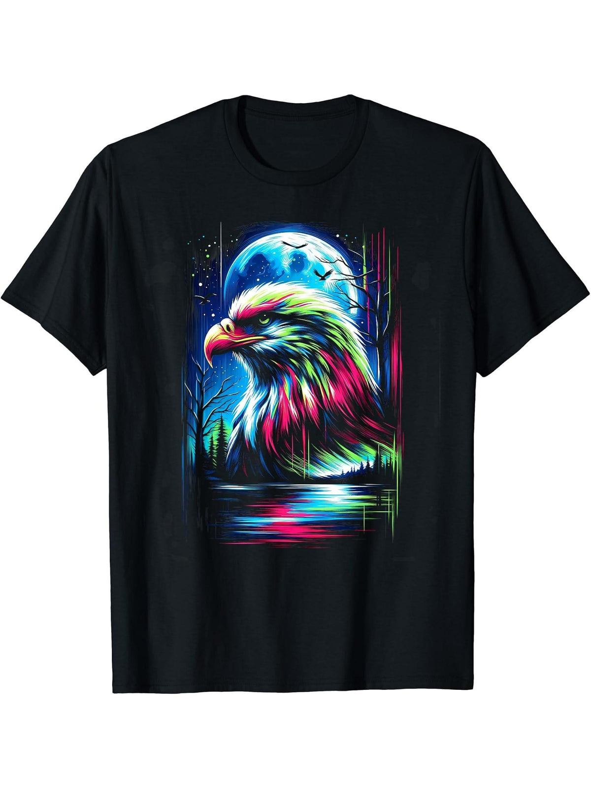 Colorful Bald Eagle Bird Spirit Animal Cool Illustration T-Shirt 180G 100% Cotton Printed Round Neck Short-Sleeve T-Shirt, Gifts for Men Dad Husband Grandpa, S-XXXL, Black