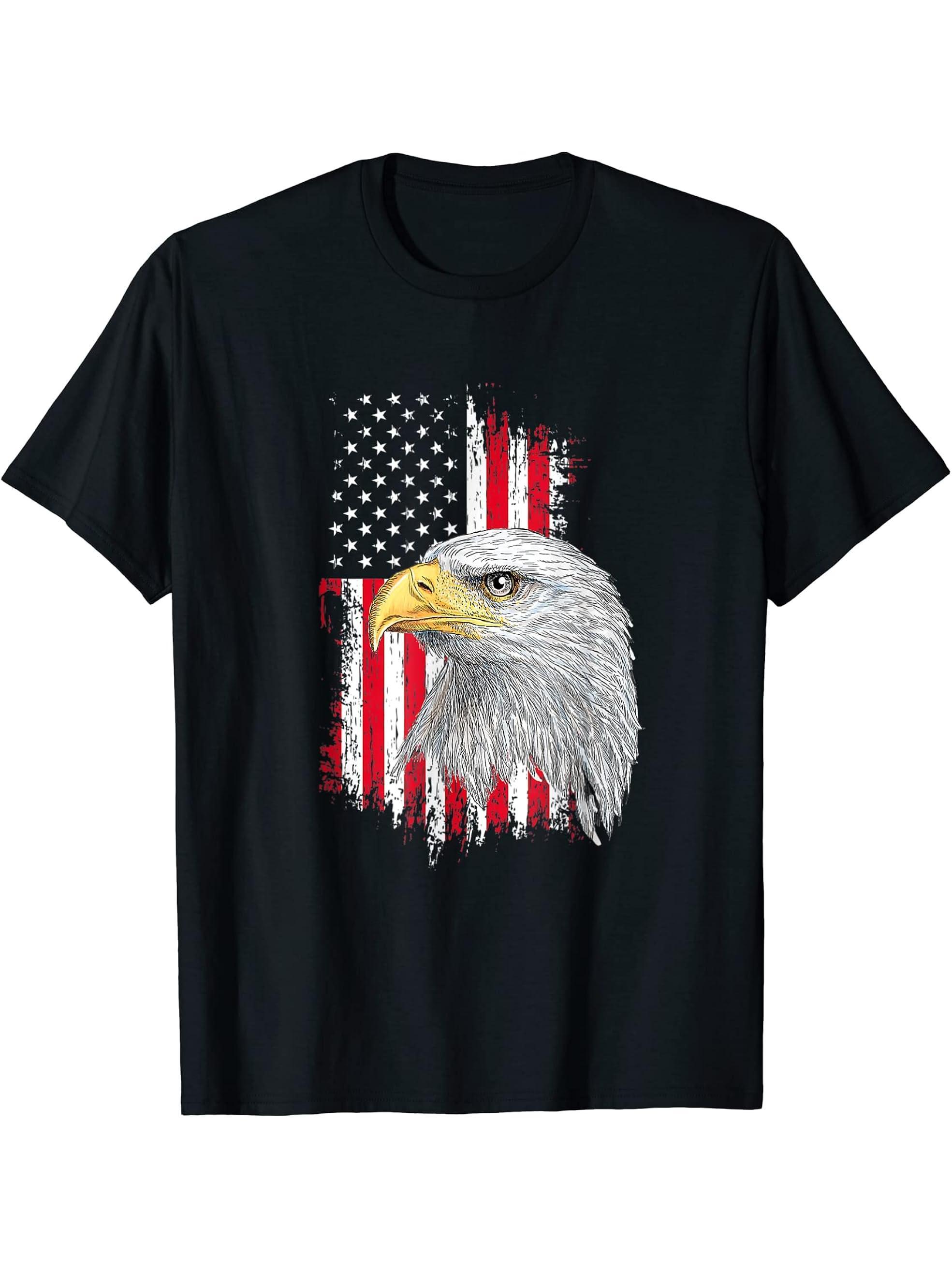 U.S.A Bald Eagle Graphic 4th of July American Flag T-Shirt 180G 100% Cotton Printed Round Neck Short-Sleeve T-Shirt, Gifts for Men Dad Husband Grandpa, S-XXXL, Black