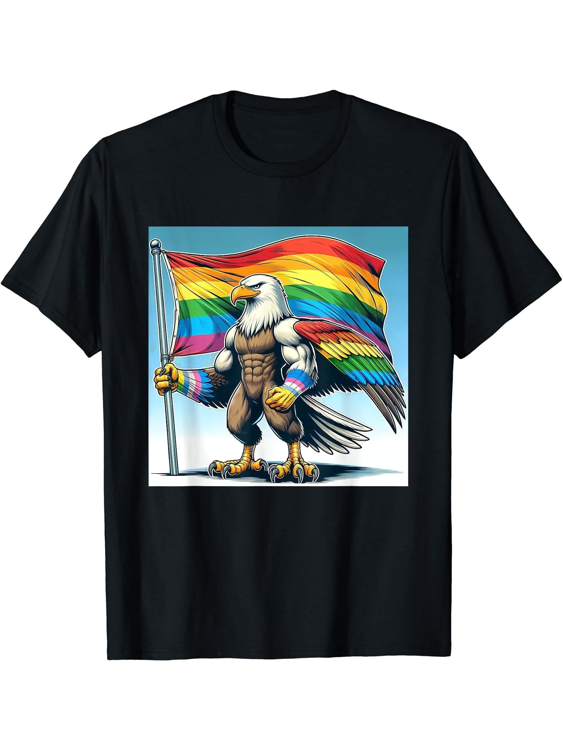 Gay Pride LGBT Bald Eagle T-Shirt 180G 100% Cotton Printed Round Neck Short-Sleeve T-Shirt, Gifts for Men Dad Husband Grandpa, S-XXXL, Black