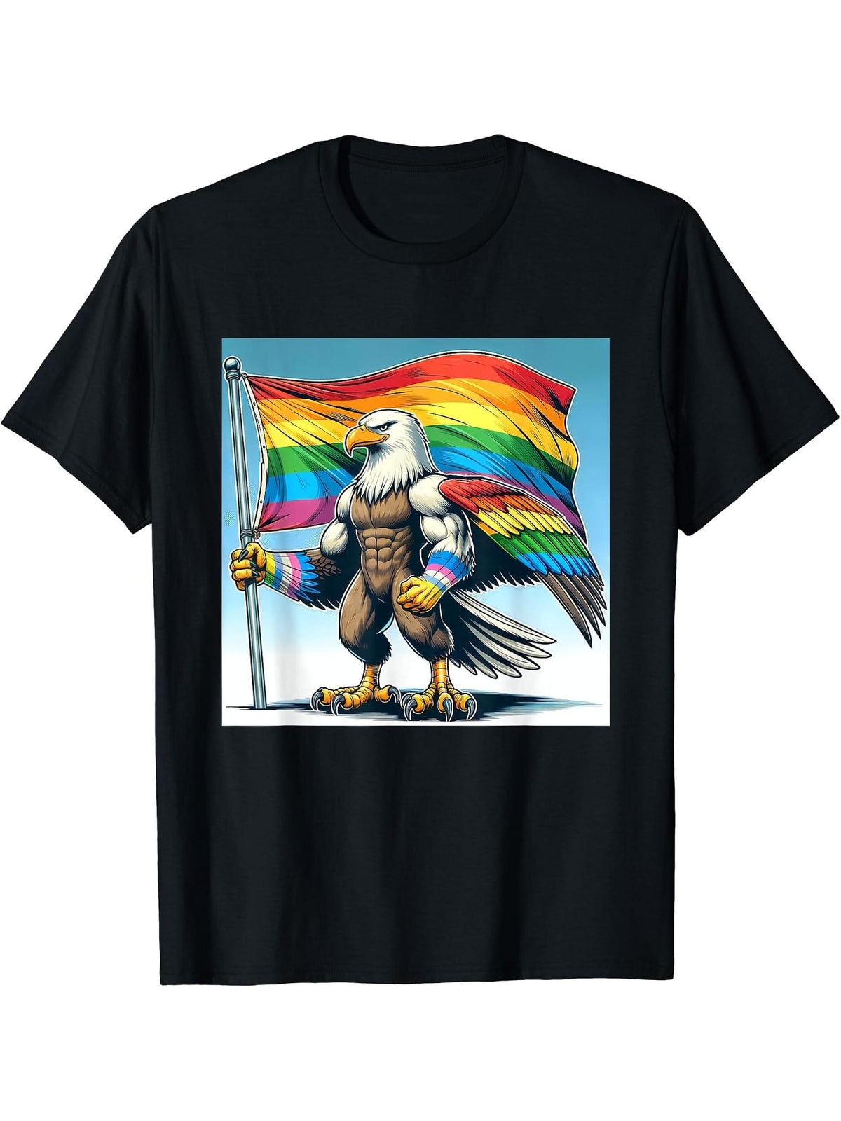 Gay Pride LGBT Bald Eagle T-Shirt 180G 100% Cotton Printed Round Neck Short-Sleeve T-Shirt, Gifts for Men Dad Husband Grandpa, S-XXXL, Black