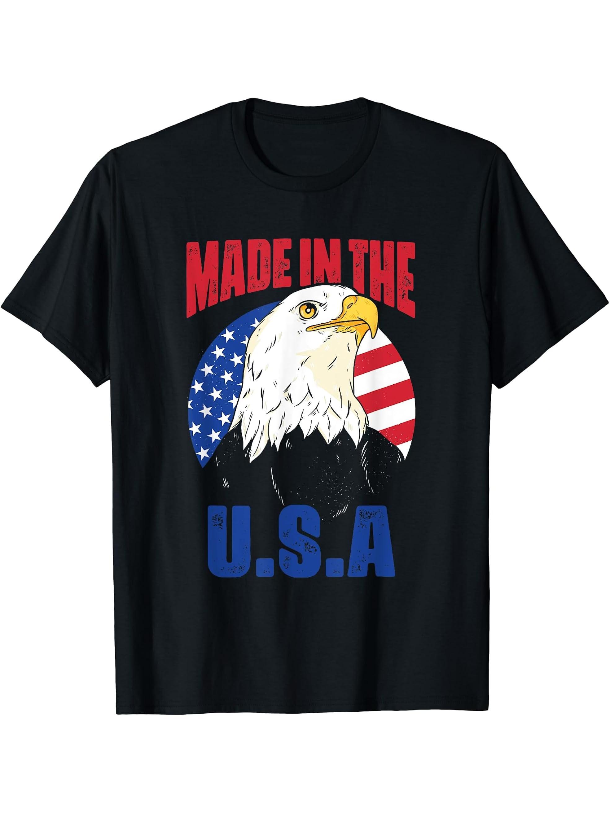 Made In The U.S.A Bald Eagle 4th of July American Roots T-Shirt 180G 100% Cotton Printed Round Neck Short-Sleeve T-Shirt, Gifts for Men Dad Husband Grandpa, S-XXXL, Black
