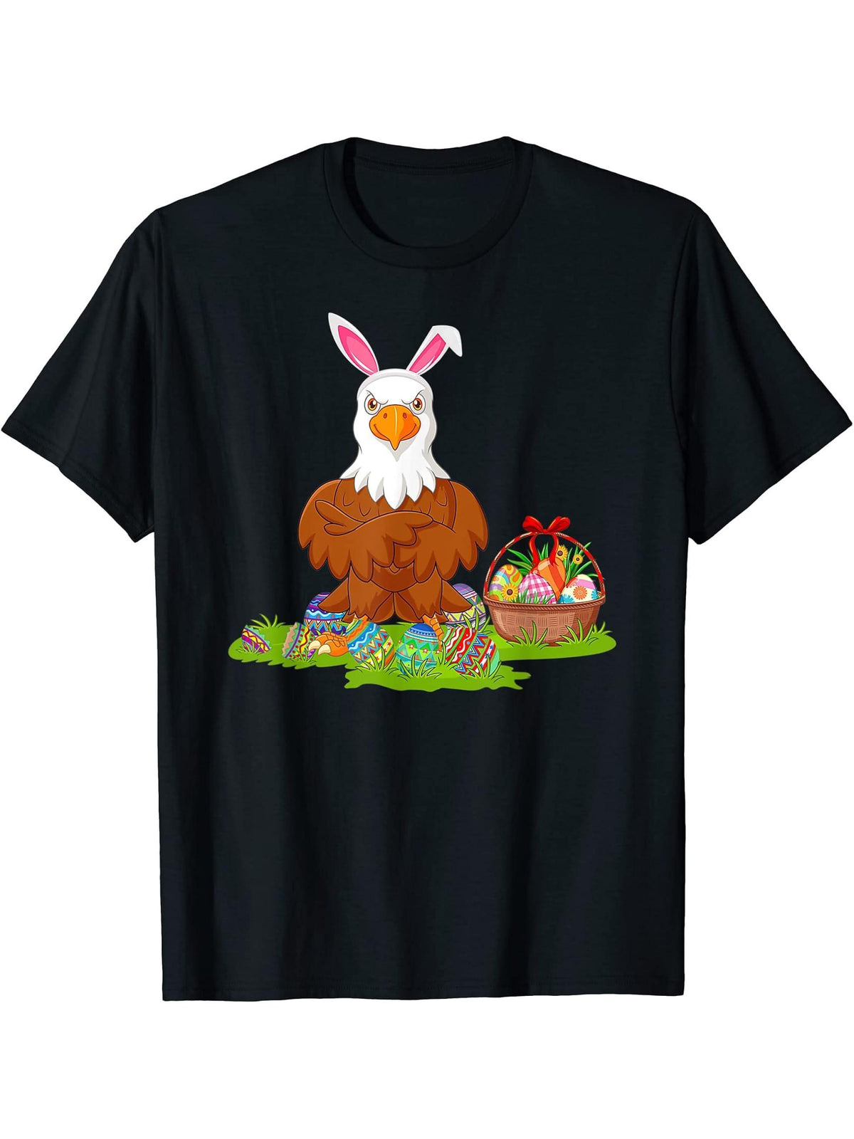 Bald Eagle Bird Easter Egg Hunting Bunny Bald Eagle Easter T-Shirt 180G 100% Cotton Printed Round Neck Short-Sleeve T-Shirt, Gifts for Men Dad Husband Grandpa, S-XXXL, Black